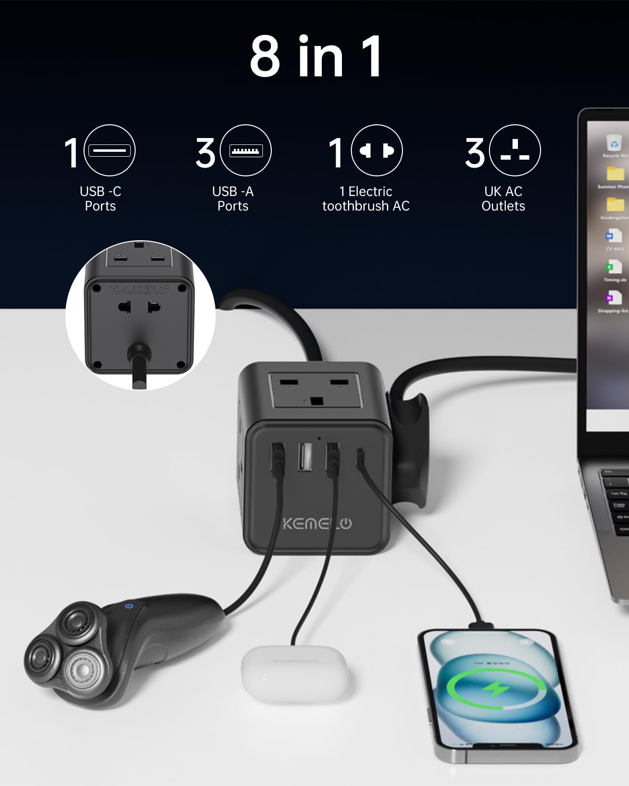 Kemelo Cube Extension Lead with 4 USB Ports – 4-Way 13A/3250W Power Strip with Child Safety, 1.5M Cable, UK Desktop Multi Plug Socket