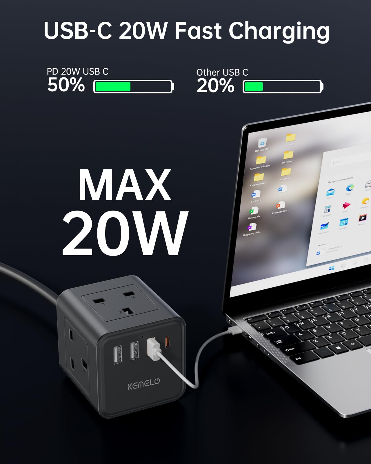 Kemelo Cube Extension Lead with 4 USB Ports – 4-Way 13A/3250W Power Strip with Child Safety, 1.5M Cable, UK Desktop Multi Plug Socket