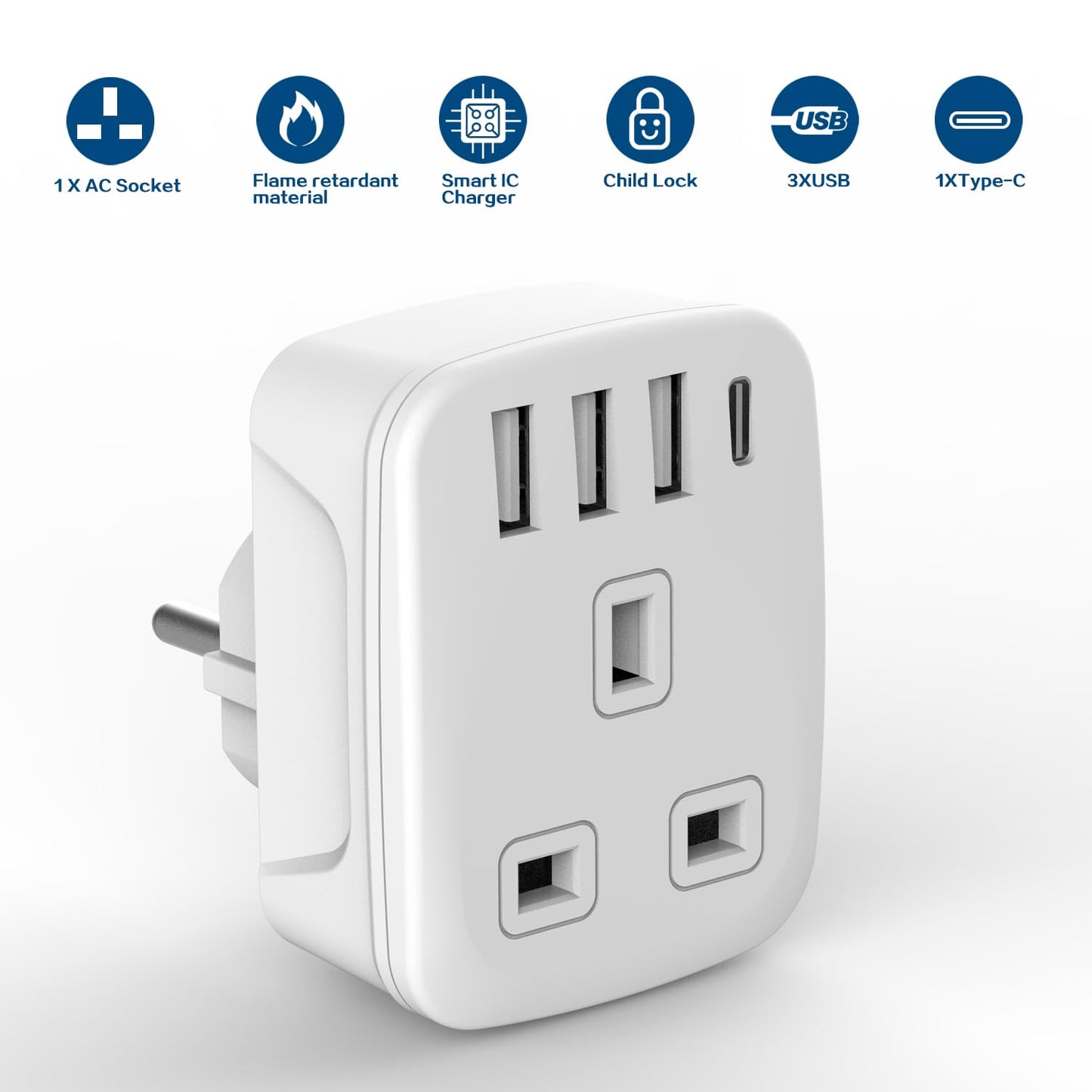 Amoi UK to South Africa Plug Adapter,Grounded Type M South Africa Plug Adapter, with 4 USB Ports 17W USB C Fast Travel Charger, Africa,Namibia, Swaziland, Lesotho, Bhutan,Botswana(Type M)