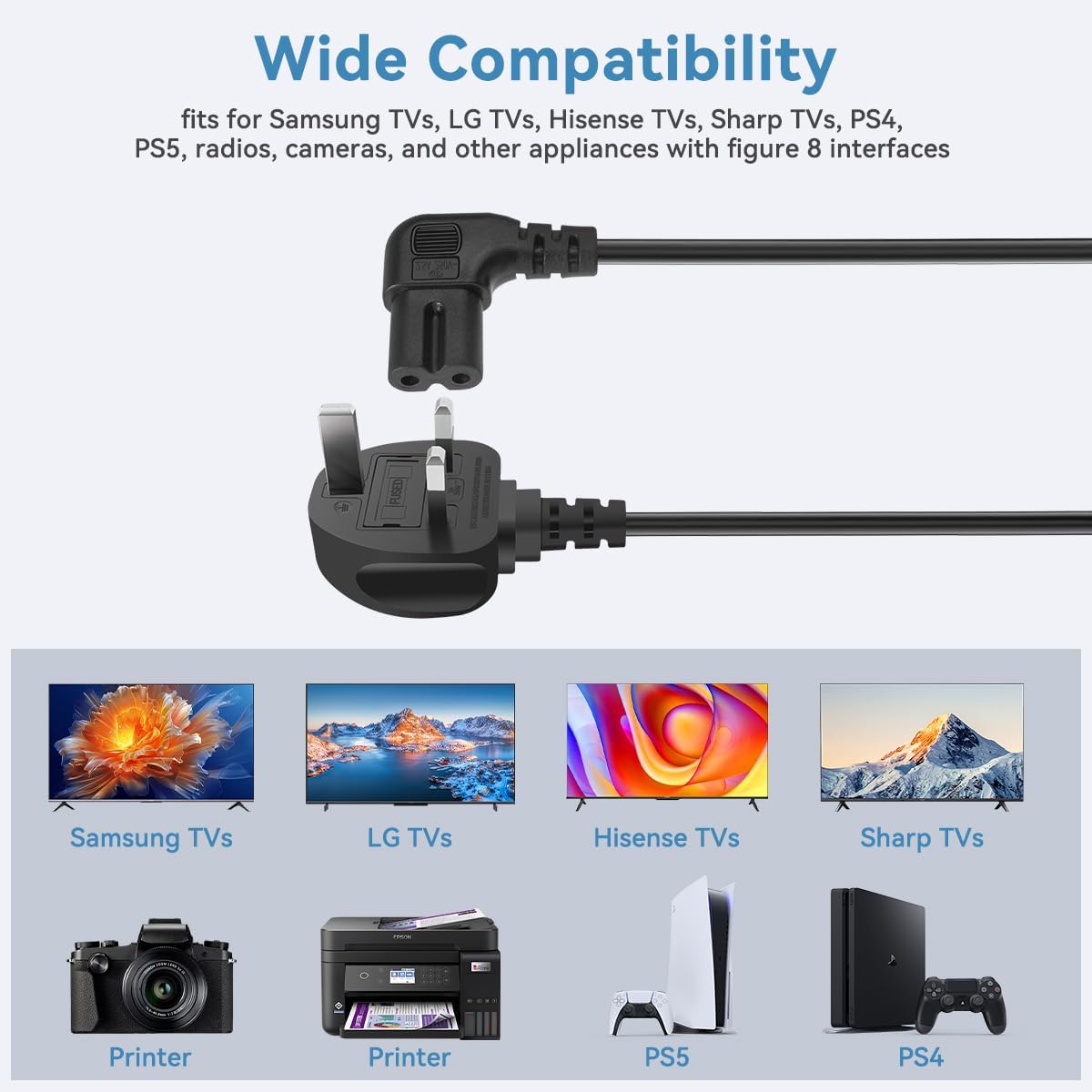 Power Cable for Samsung TV,SHUOMAO 3M Right Angle Figure 8 Power Supply Wire Electrical Cord Compatible with Samsung, Lg,Panasonic,Hisense,Sharp,Hisense TV