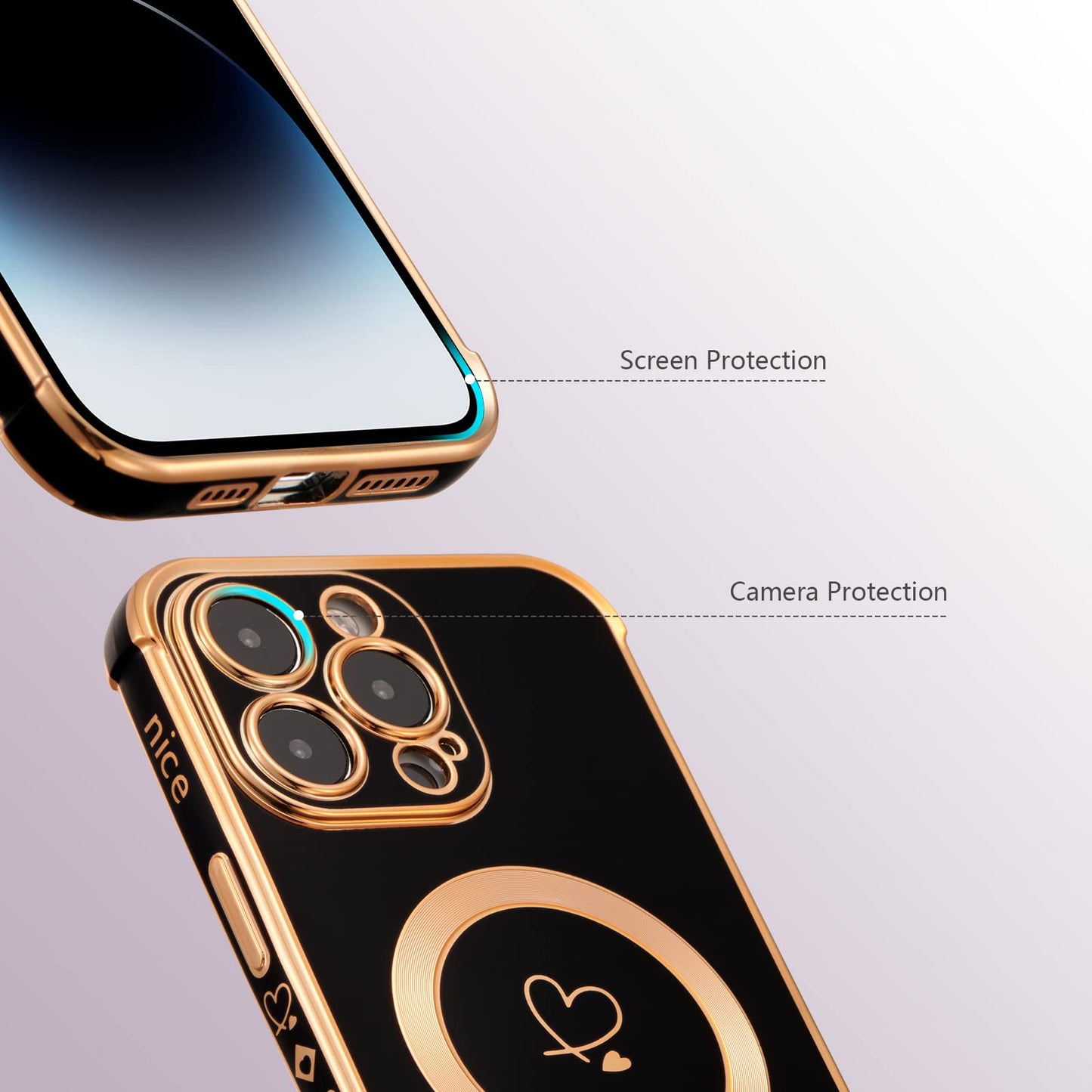 ZTOFERA Magnetic Case for iPhone 15 Pro Compatible with MagSafe, Flexible Soft Silicone Protective Phone with Cute Love Heart Pattern Golden Rim Shockproof Bumper Cover