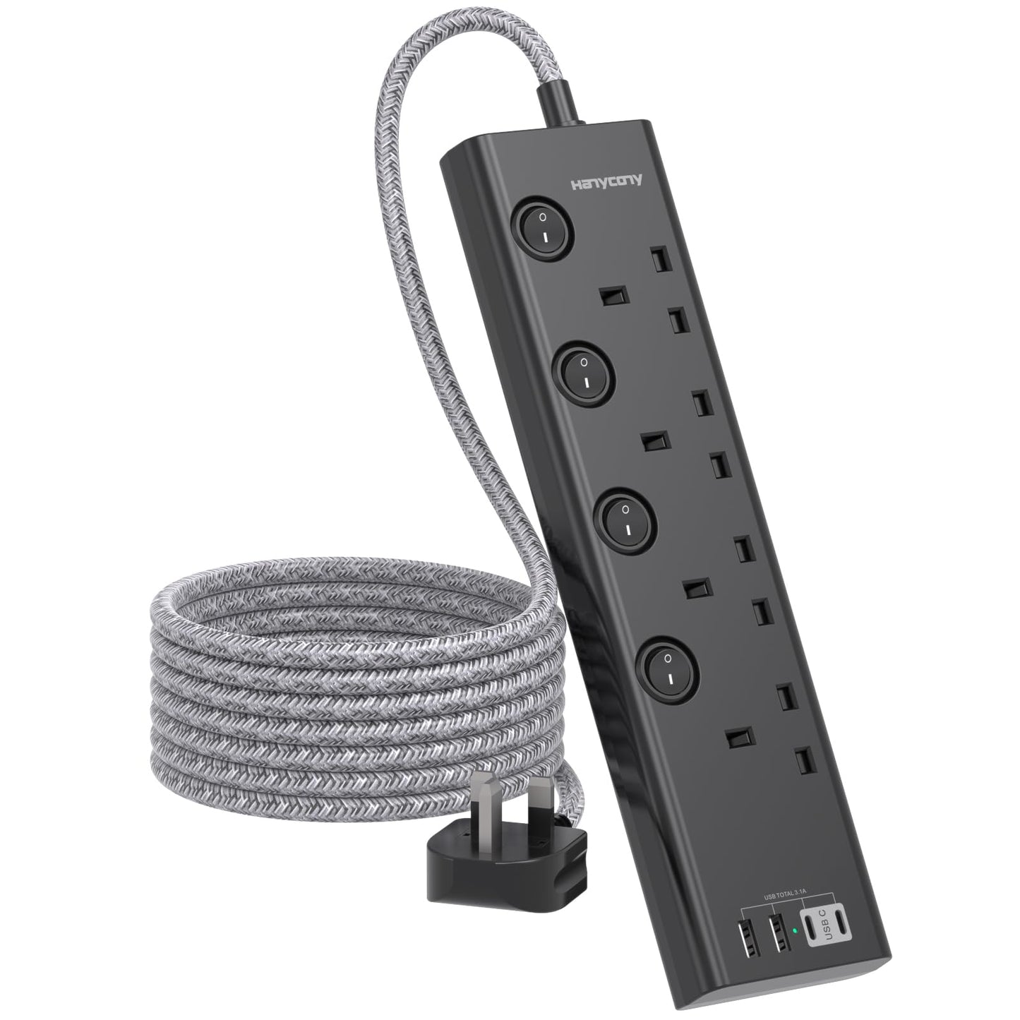 Extension Lead with 4 USB Slots(2 USB C), 4 Way Plug Extension Socket with Individual Switches, 1.8M Extension Cable, Wall Mount Extension Cord
