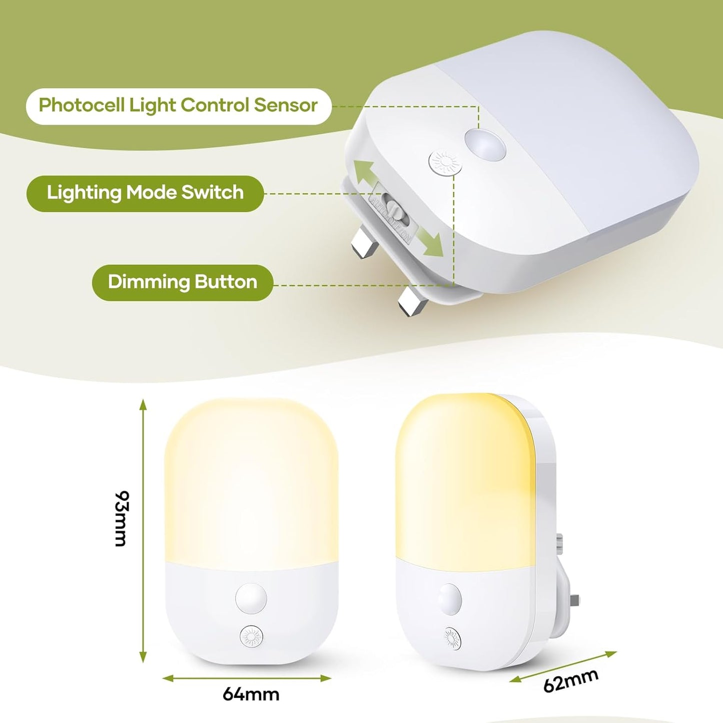Night Light Plug in Wall with Dusk to Dawn Photocell Sensor, 5 Brightness Levels, ON/Off/AUTO Lighting Mode, 3000K Warm White Night Light for Hallways, Stairs, Bedrooms, Kitchen, 0.3W, 1 Pack