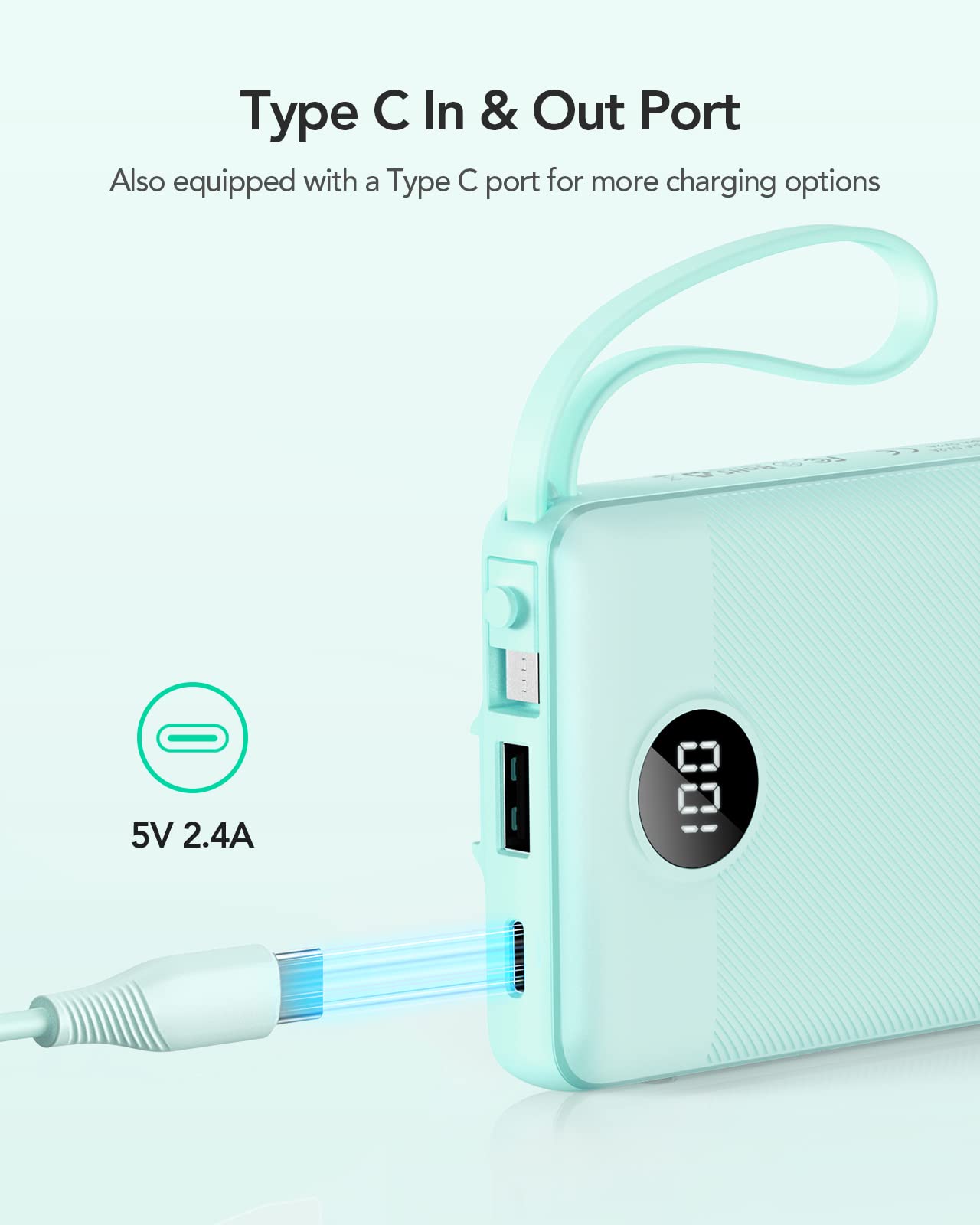 Power Bank With Built in Cables VRURC 10000mAh ,USB C Battery Pack Portable Charger with 5 Outputs 2 Inputs Powerbank LED Display compatible with iPhone 14 13 12 Samsung S21 S20 Xiaomi iPad