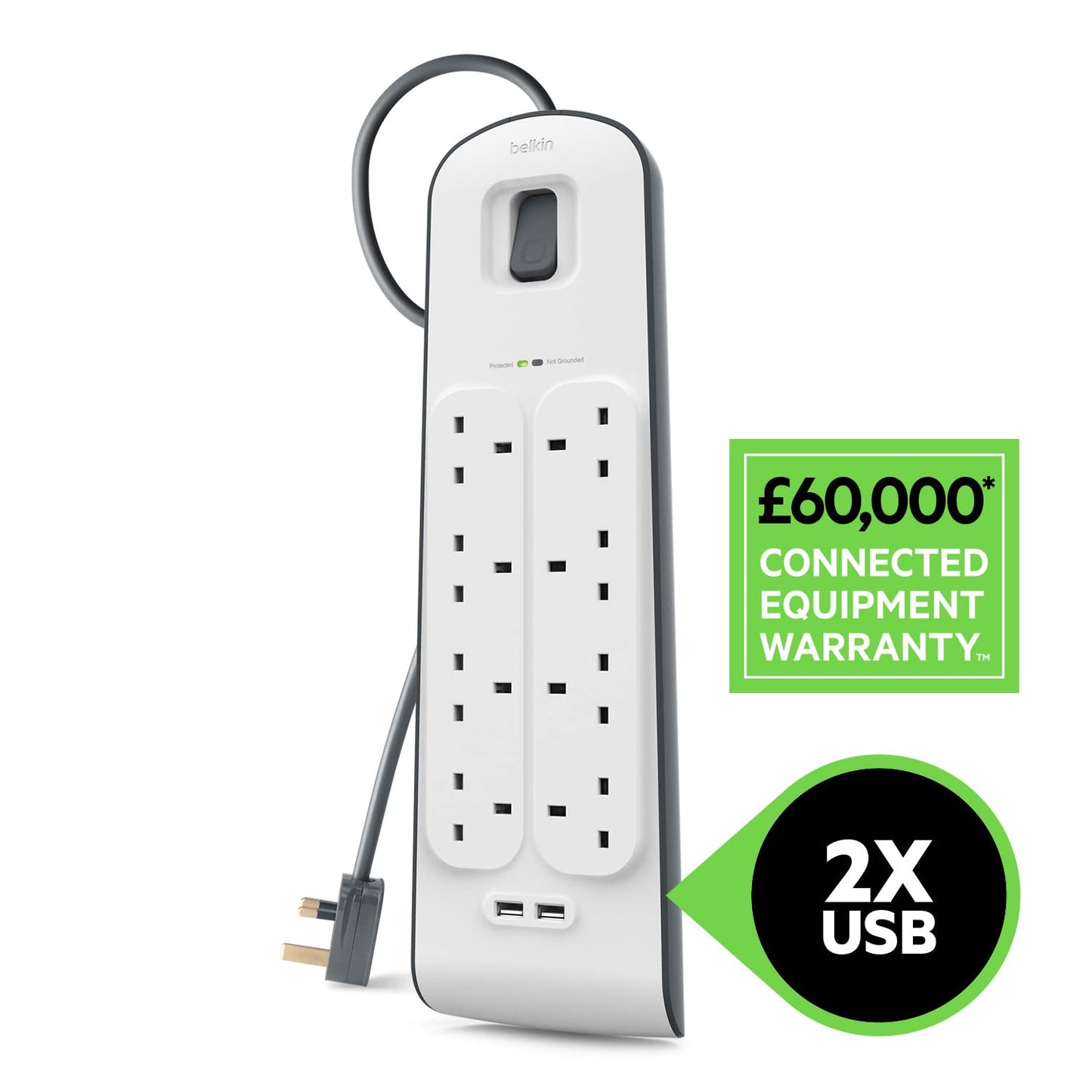 Belkin Surge Protected Extension Lead – 8 Sockets + 2 USB Ports (2.4A), 2m Cable