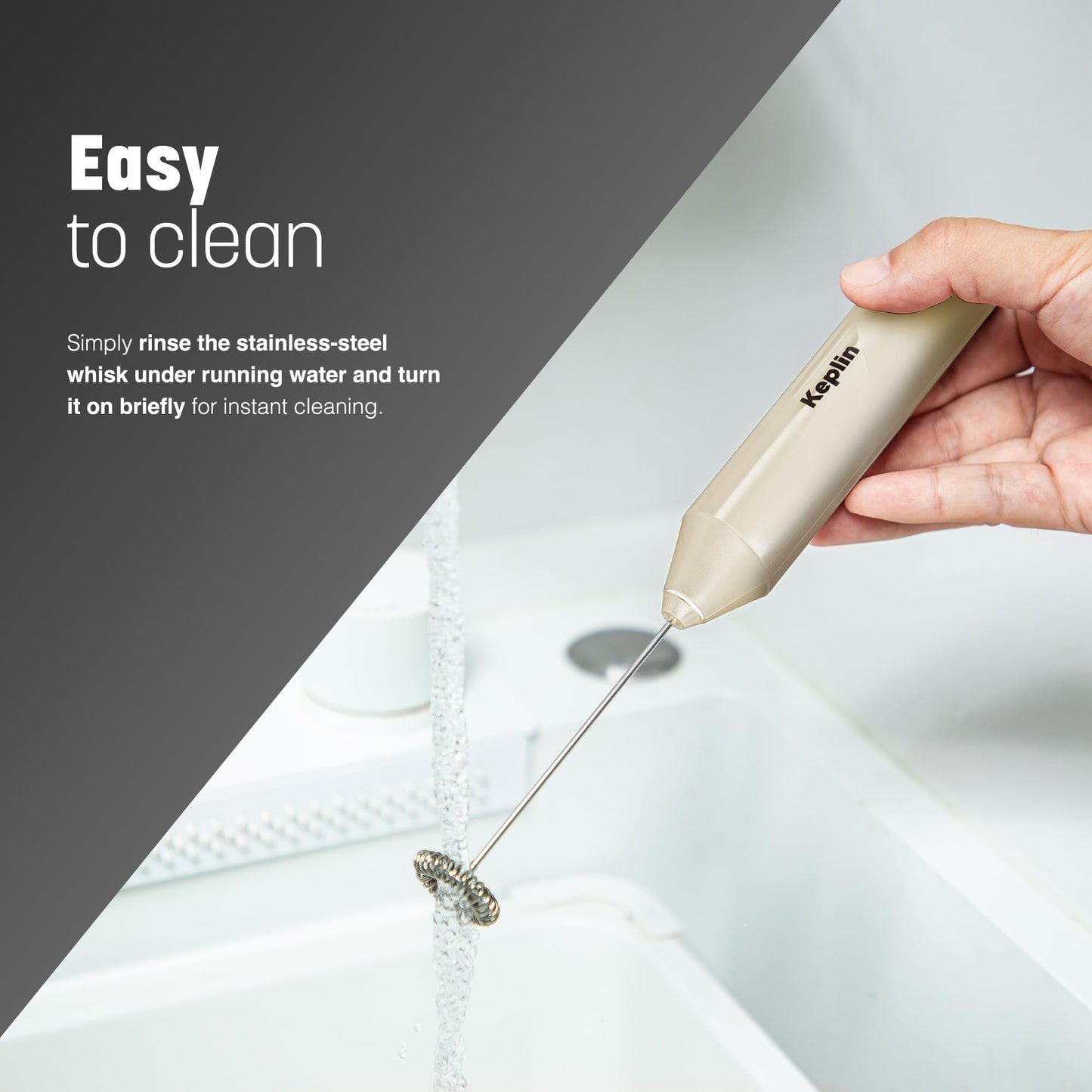 Keplin Handheld Milk Frother - Stainless Steel Electric Whisk - Portable Battery-Operated Coffee Frother for Lattes, Matcha, Protein Shakes - Ergonomic, Compact, Easy to Clean (Battery Not Included)