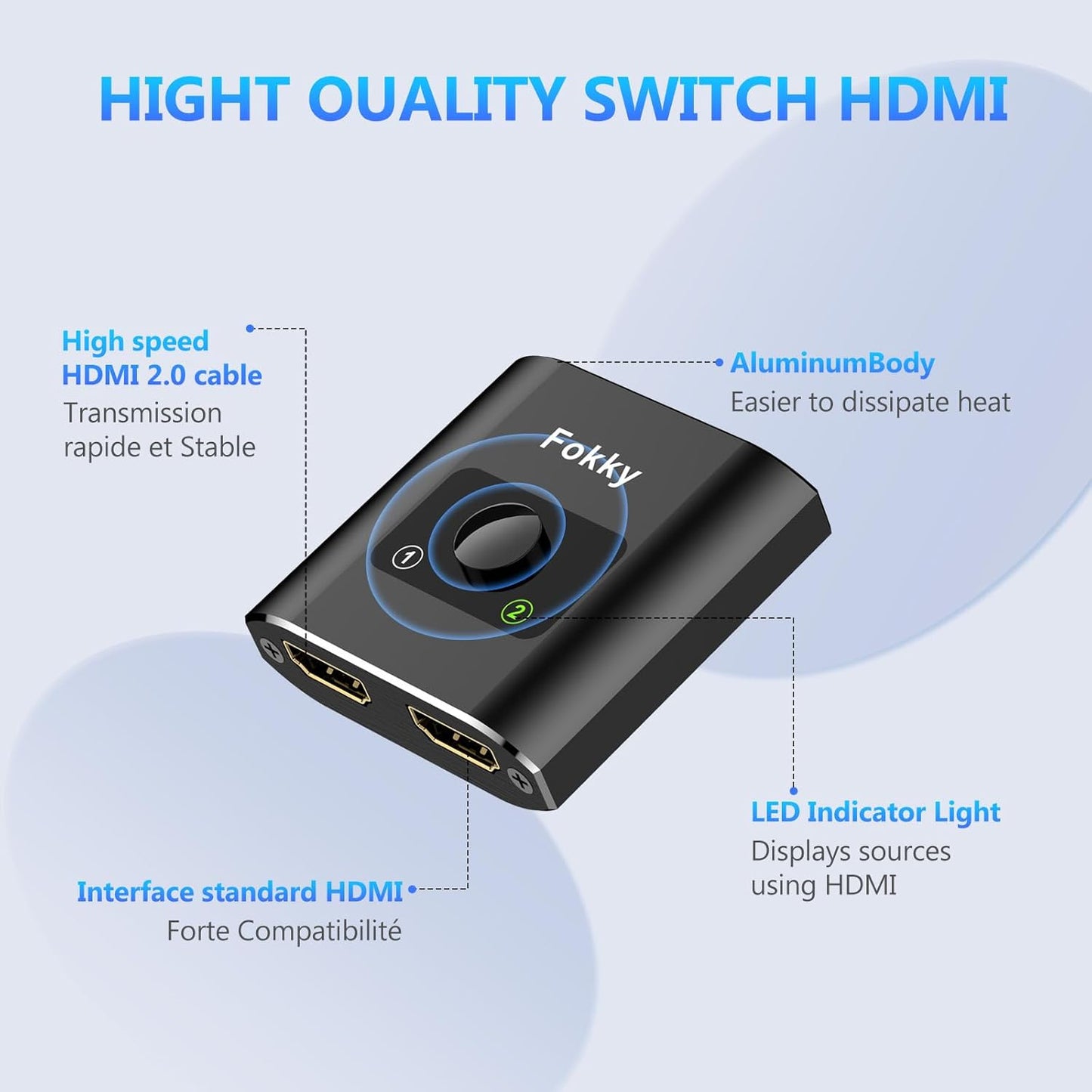 Fokky HDMI Splitter 4K@60Hz, Bidirectional HDMI Switch, Aluminum HDMI Splitter 2 in 1 out / 1 In 2 out, HDMI Splitter for dual monitors, Support 3D 1080P, suit for Xbox,PS5/4,DVD, (CABLE NOT INCLUDE)