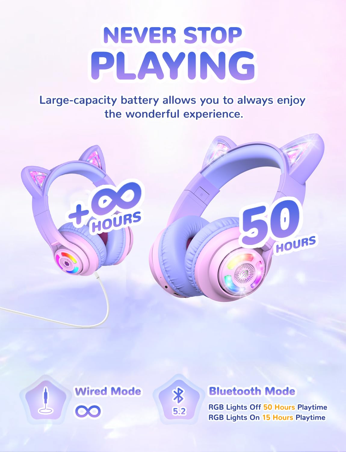 iClever Bluetooth Kids Headphones,Cat Ear LED Light Up Kids Wireless Headphones, 50H Playtime Volume Limiting Children Headphones with Microphone Over Ear for School/Tablet/PC