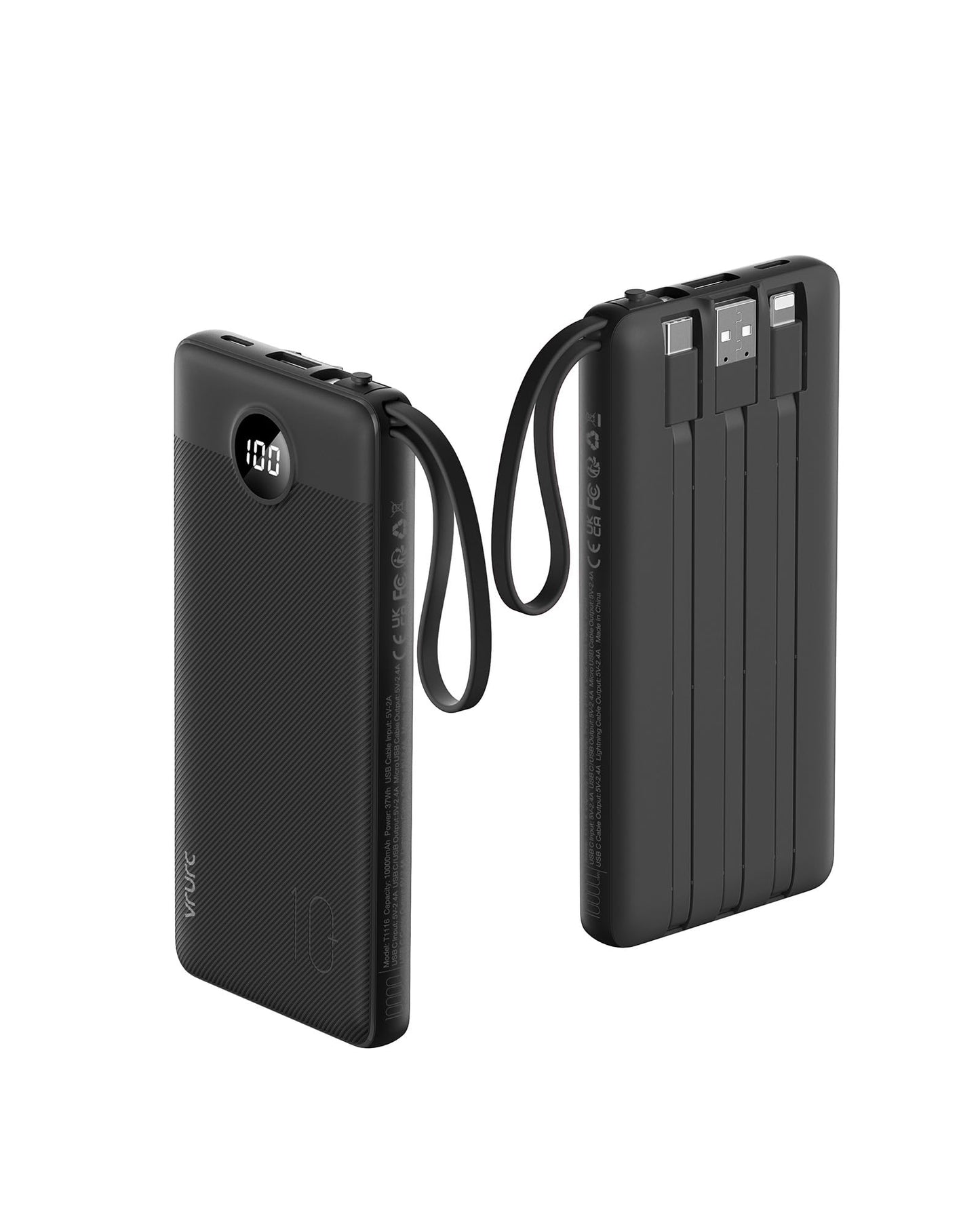 Power Bank With Built in Cables VRURC 10000mAh ,USB C Battery Pack Portable Charger with 5 Outputs 2 Inputs Powerbank LED Display compatible with iPhone 14 13 12 Samsung S21 S20 Xiaomi iPad