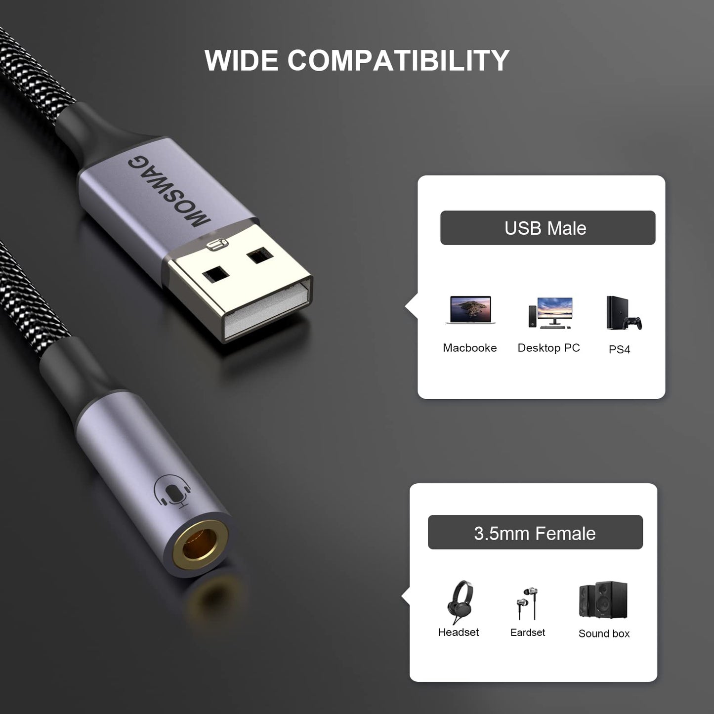 MOSWAG USB to 3.5mm Jack Audio Adapter,External Sound Card USB-with 3.5mm Aux Stereo Converter Compatible with Headset,PC,Laptop,Linux,Desktops