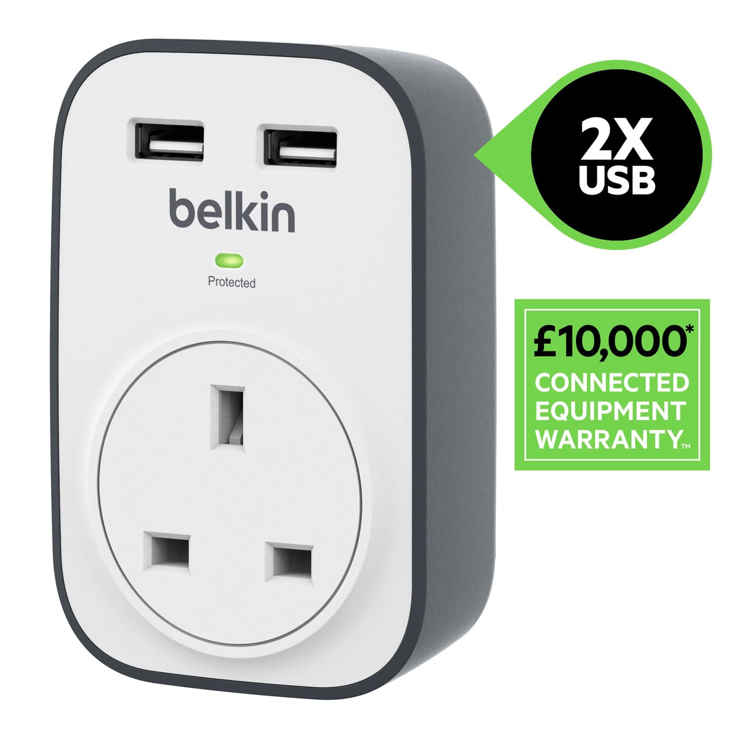 Belkin Surge Protected Extension Lead – 8 Sockets + 2 USB Ports (2.4A), 2m Cable
