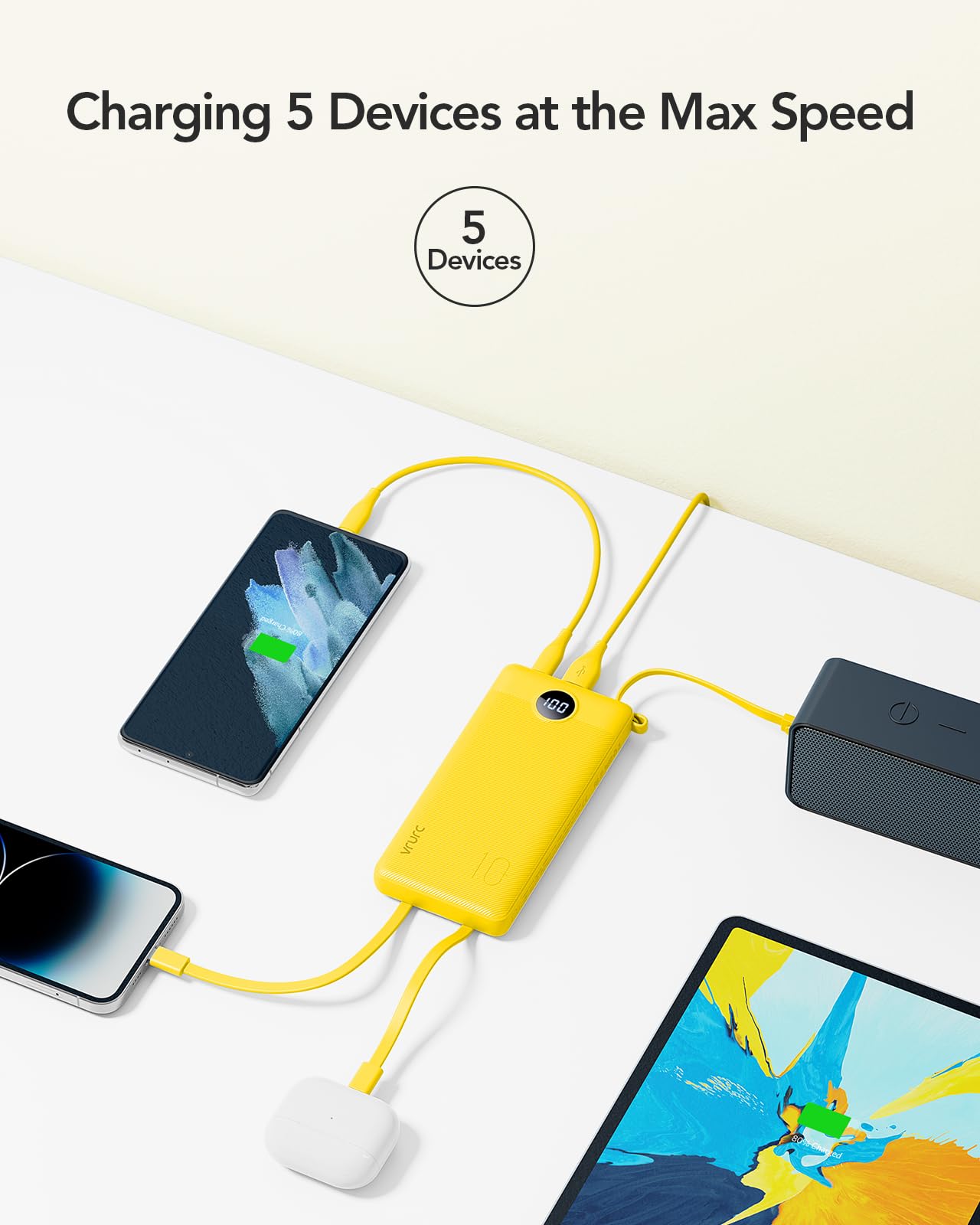 Power Bank With Built in Cables VRURC 10000mAh ,USB C Battery Pack Portable Charger with 5 Outputs 2 Inputs Powerbank LED Display compatible with iPhone 14 13 12 Samsung S21 S20 Xiaomi iPad