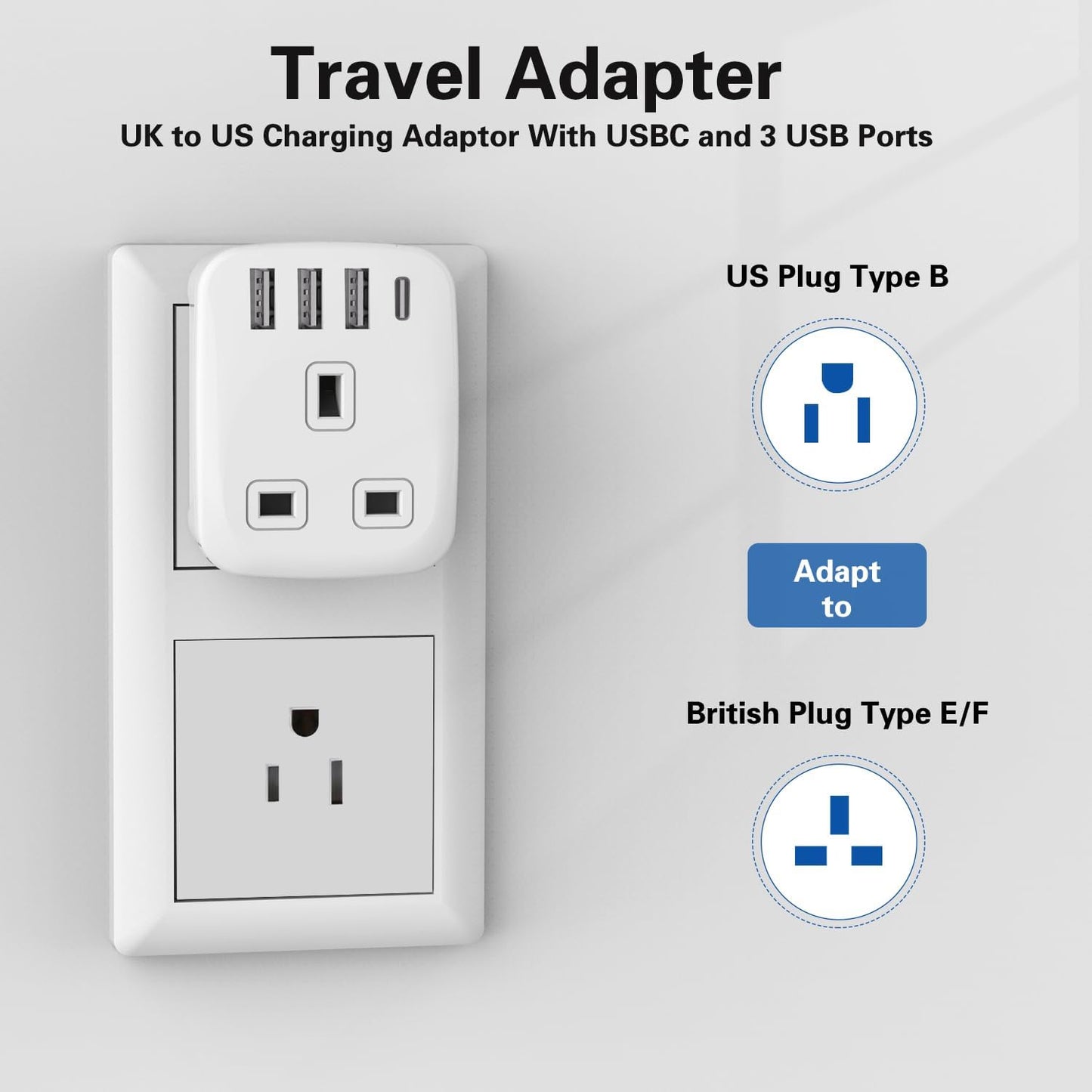 Amoi UK to South Africa Plug Adapter,Grounded Type M South Africa Plug Adapter, with 4 USB Ports 17W USB C Fast Travel Charger, Africa,Namibia, Swaziland, Lesotho, Bhutan,Botswana(Type M)