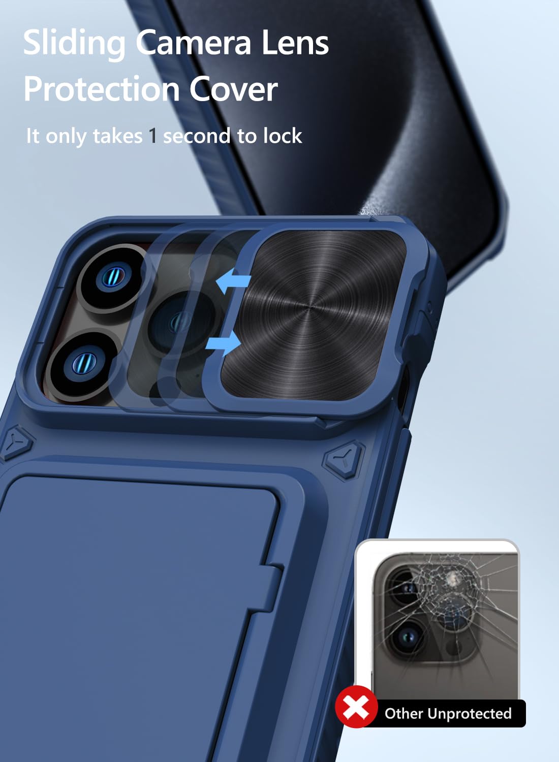 Vihibii for iPhone 15 Pro Max Case with Card Holder & Slide Camera Cover & Kickstand, Military Grade Drop Protection, Rugged Hard Back & Silicone Edge Wallet Phone Case