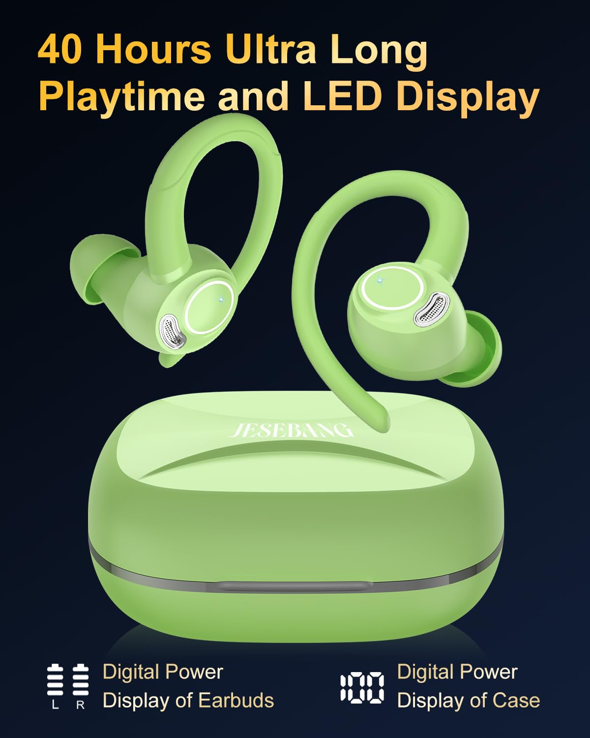 Jesebang Wireless Earbuds Bluetooth 5.3 – HiFi Stereo Sound with ENC Mic, Sport Ear Hooks, 40H Playtime, Dual LED Display