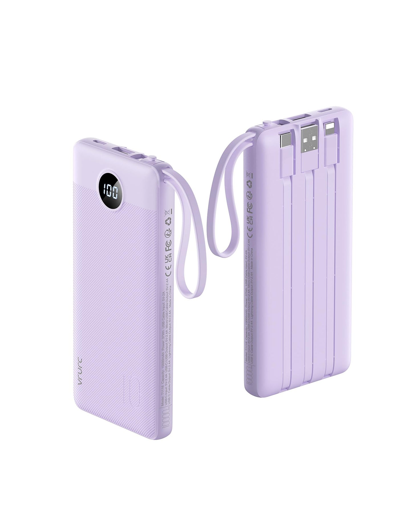 Power Bank With Built in Cables VRURC 10000mAh ,USB C Battery Pack Portable Charger with 5 Outputs 2 Inputs Powerbank LED Display compatible with iPhone 14 13 12 Samsung S21 S20 Xiaomi iPad