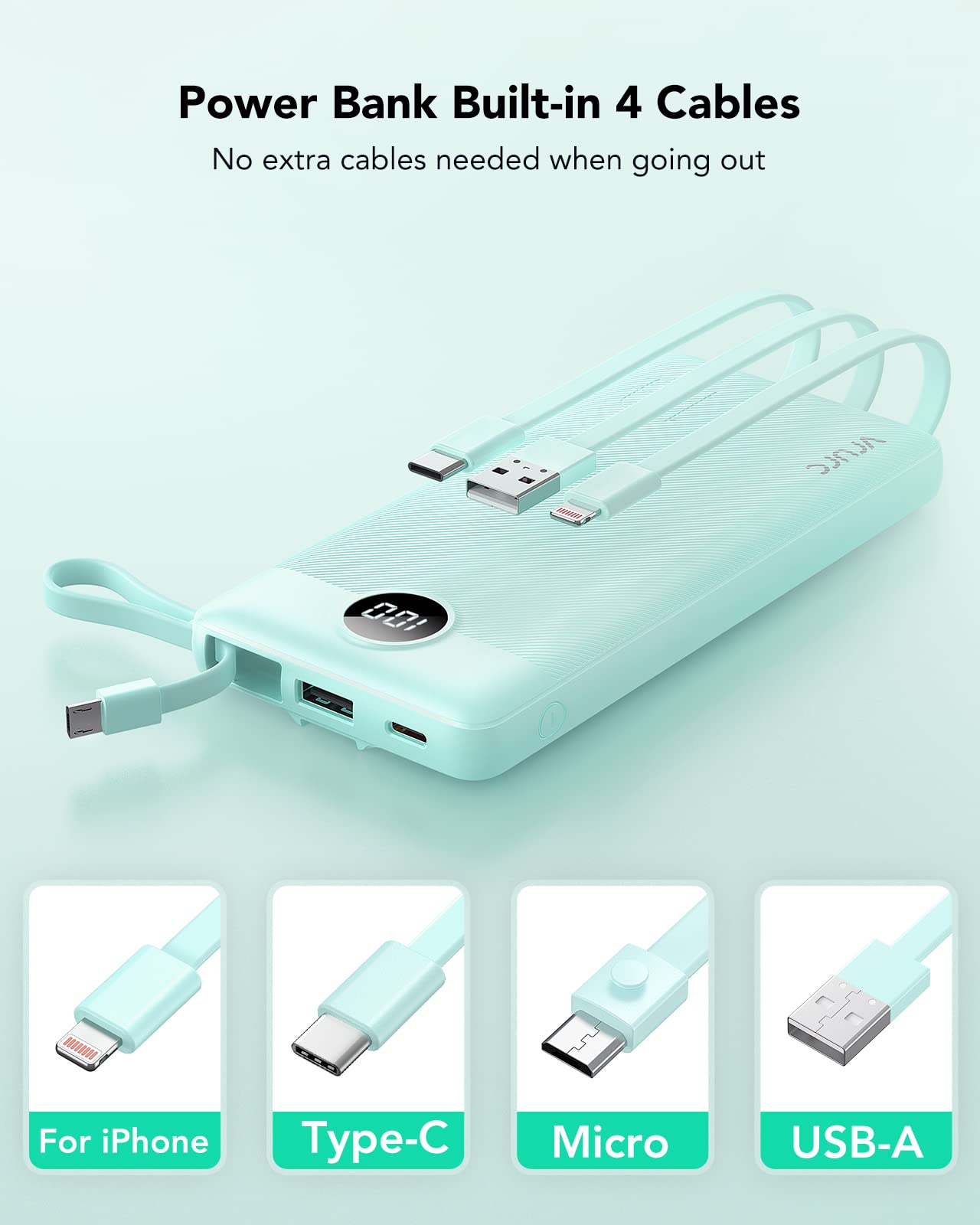 Power Bank With Built in Cables VRURC 10000mAh ,USB C Battery Pack Portable Charger with 5 Outputs 2 Inputs Powerbank LED Display compatible with iPhone 14 13 12 Samsung S21 S20 Xiaomi iPad