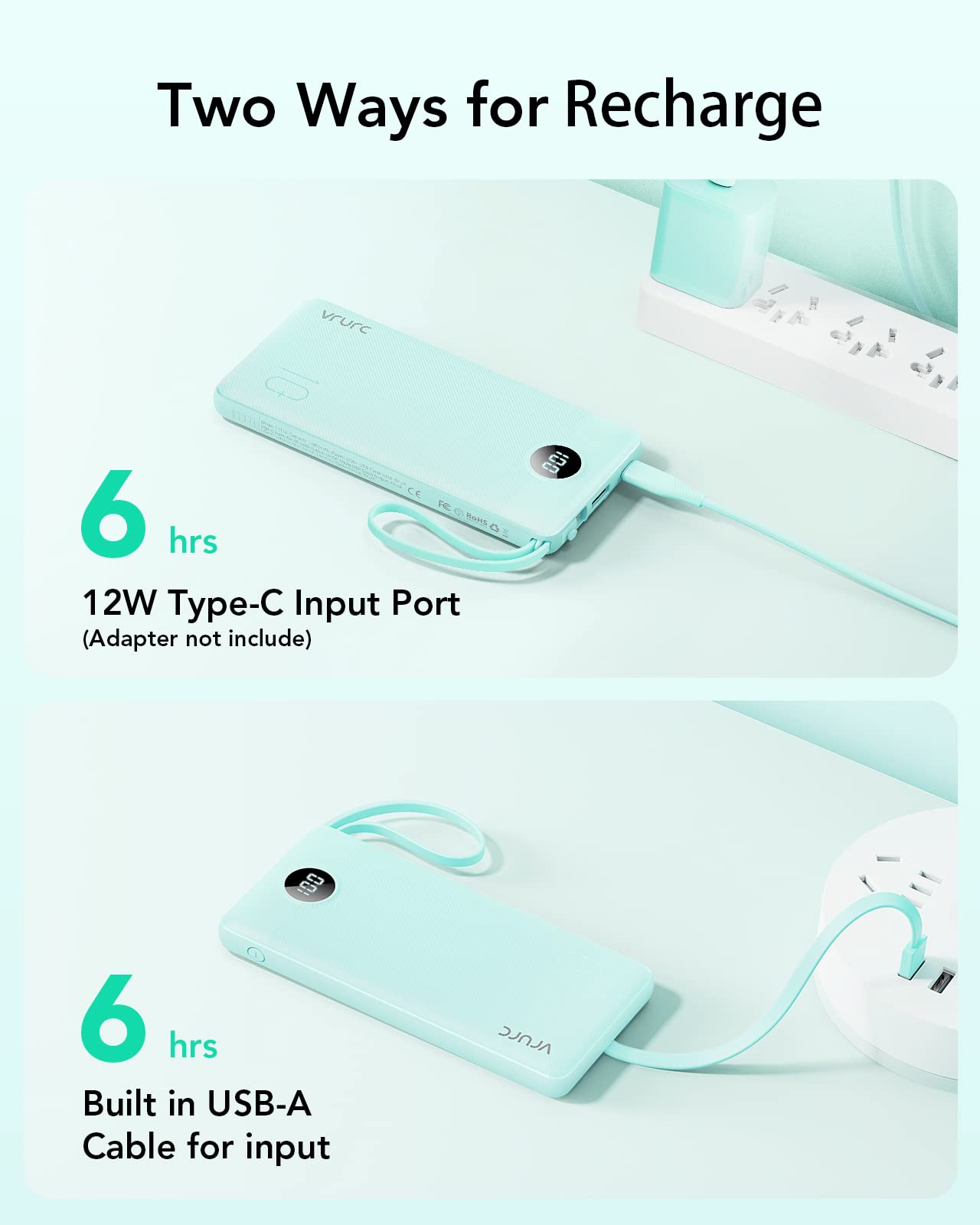 Power Bank With Built in Cables VRURC 10000mAh ,USB C Battery Pack Portable Charger with 5 Outputs 2 Inputs Powerbank LED Display compatible with iPhone 14 13 12 Samsung S21 S20 Xiaomi iPad