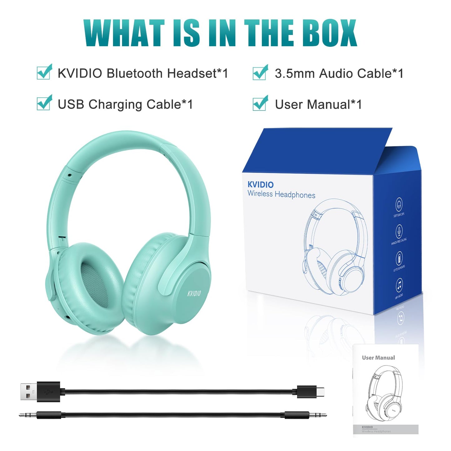 KVIDIO Bluetooth Over-Ear Headphones – 65H Playtime, Foldable Lightweight Wireless Headset with Mic, Deep Bass & HiFi Stereo Sound, Black