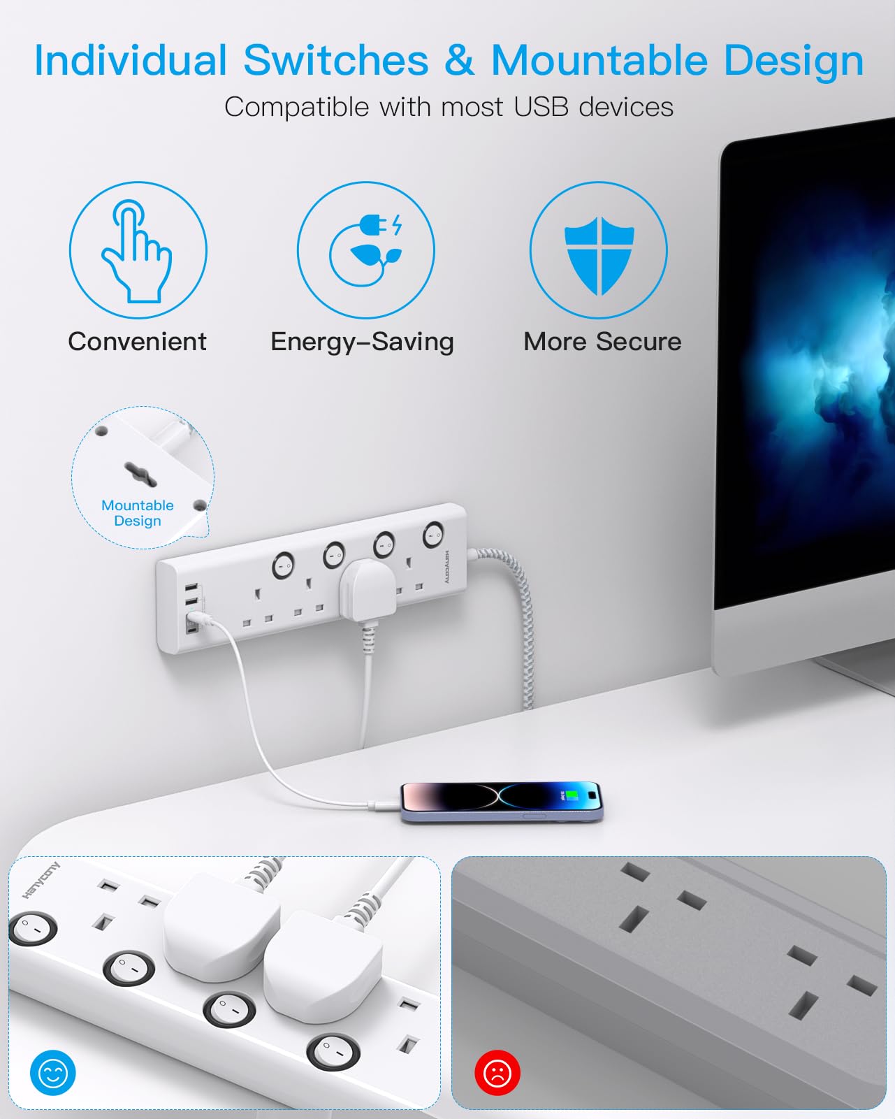 Extension Lead with 4 USB Slots(2 USB C), 4 Way Plug Extension Socket with Individual Switches, 1.8M Extension Cable, Wall Mount Extension Cord