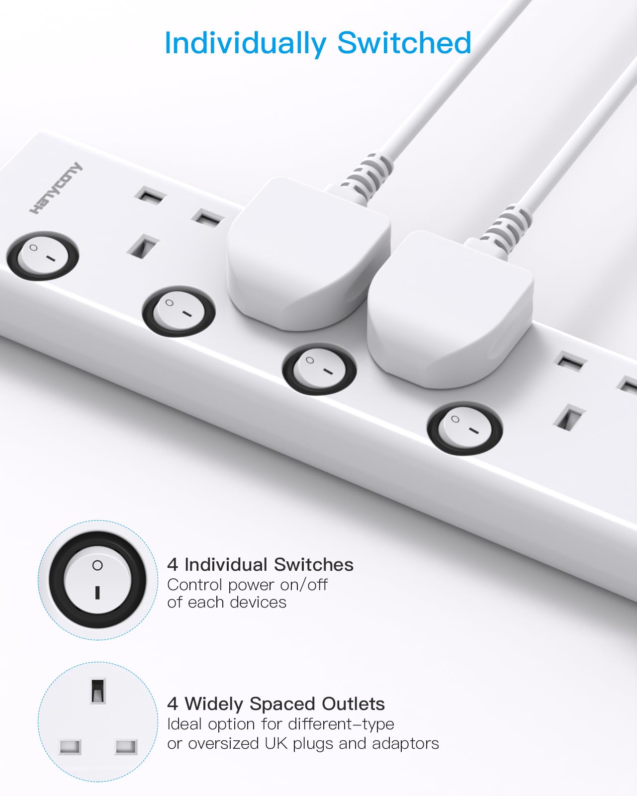Extension Lead with 4 USB Slots(2 USB C), 4 Way Plug Extension Socket with Individual Switches, 1.8M Extension Cable, Wall Mount Extension Cord