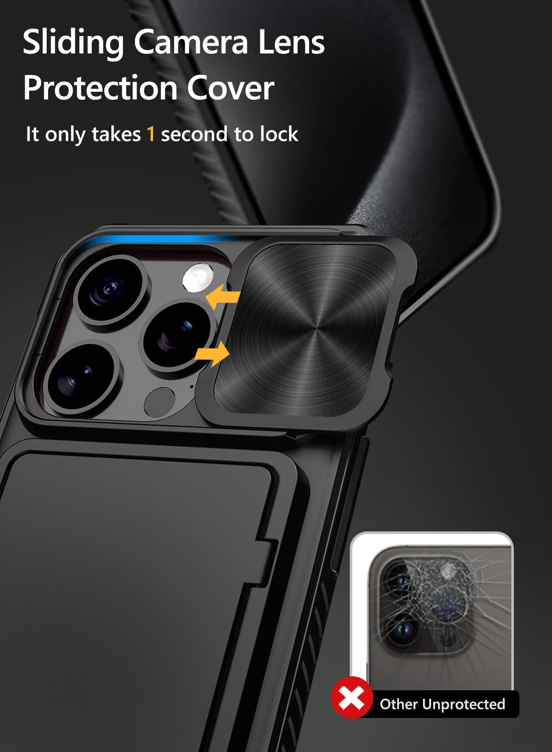 Vihibii for iPhone 15 Pro Max Case with Card Holder & Slide Camera Cover & Kickstand, Military Grade Drop Protection, Rugged Hard Back & Silicone Edge Wallet Phone Case