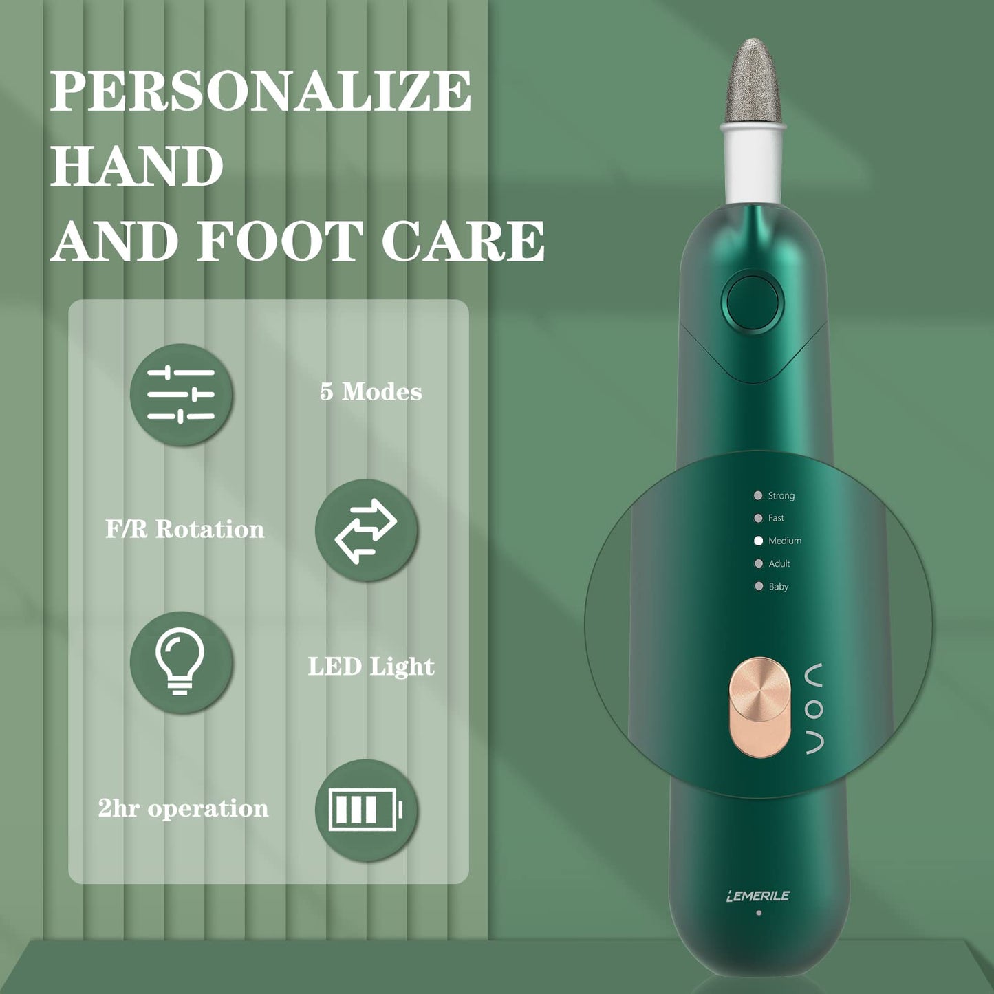 POLAMD Cordless Manicure & Pedicure Set – Rechargeable Electric Nail File with 5 Speeds, LED Light & Durable Attachments for Cuticles and Hard Skin Removal