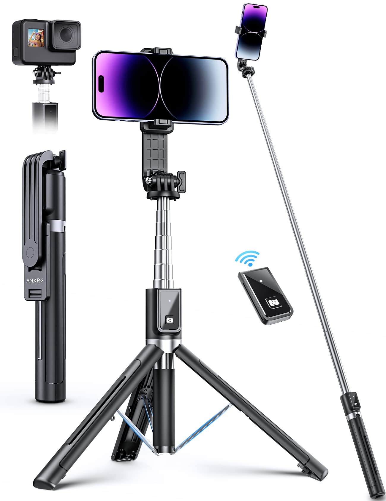 ANXRE Selfie Stick with Reinforced Tripod – 50” Extra Long Adjustable Phone Tripod with Detachable Wireless Remote, Compatible with iPhone & Samsung Smartphones