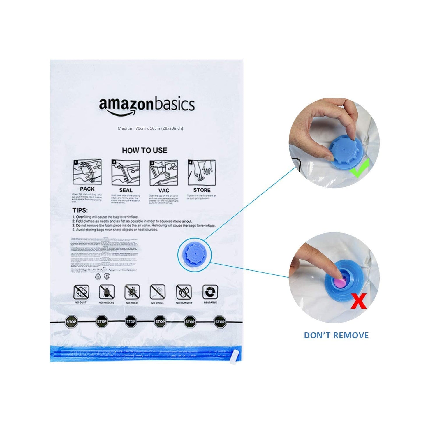 Amazon Basics Vacuum Compression Zipper Storage Bags with Airtight Valve and Hand Pump, Large, 5-Pack, Clear