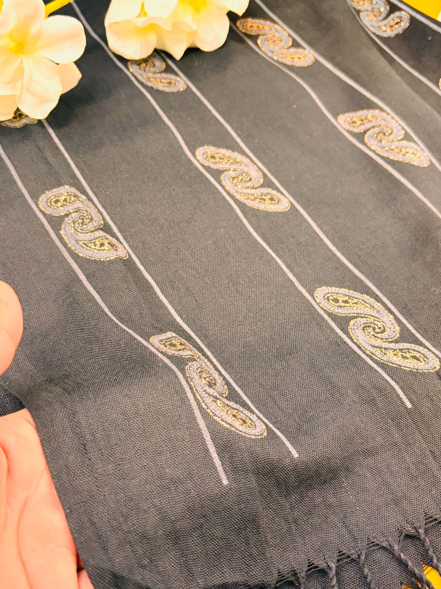 Black with Golden Print Long Hijab New Fashion Design Style 1 pc