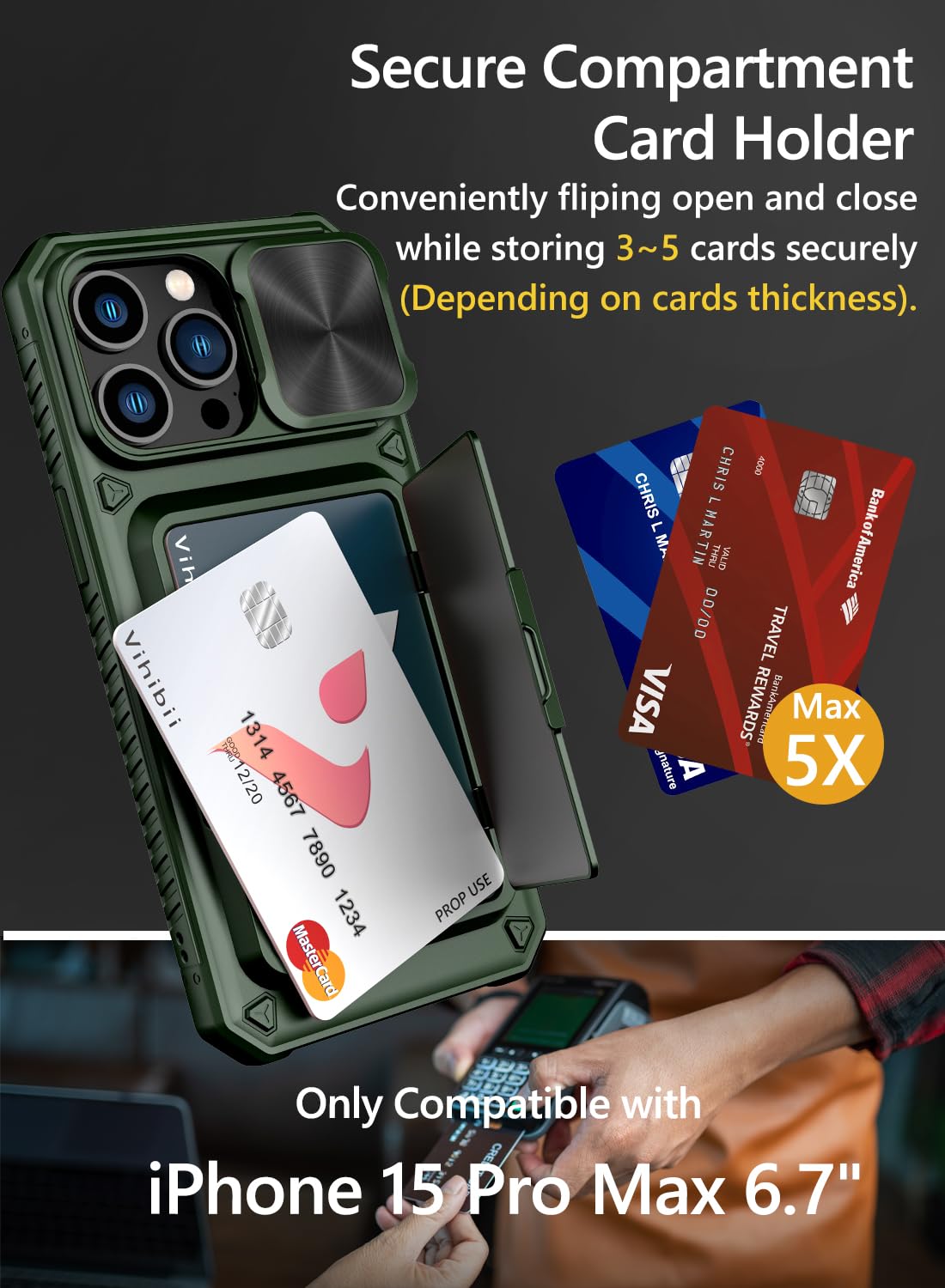 Vihibii for iPhone 15 Pro Max Case with Card Holder & Slide Camera Cover & Kickstand, Military Grade Drop Protection, Rugged Hard Back & Silicone Edge Wallet Phone Case