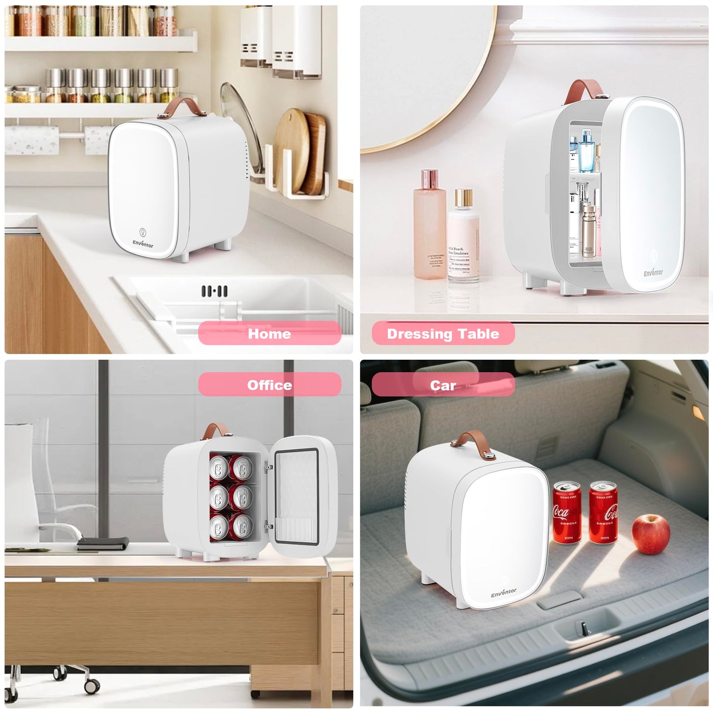 Enventor 4L Mini Fridge – LED Mirror Skincare Cooler & Warmer, AC/DC, Portable Cosmetic Fridge for Home, Car & Travel (Pink)