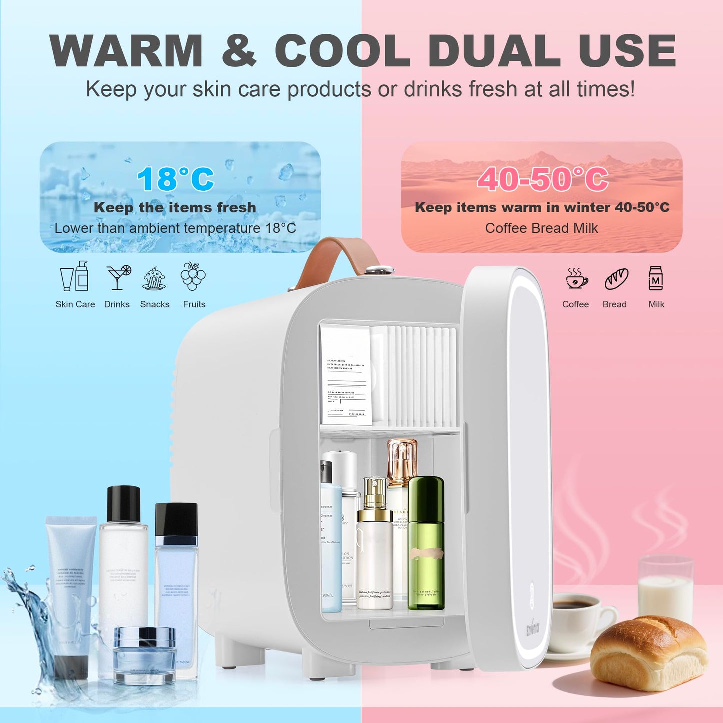 Enventor 4L Mini Fridge – LED Mirror Skincare Cooler & Warmer, AC/DC, Portable Cosmetic Fridge for Home, Car & Travel (Pink)