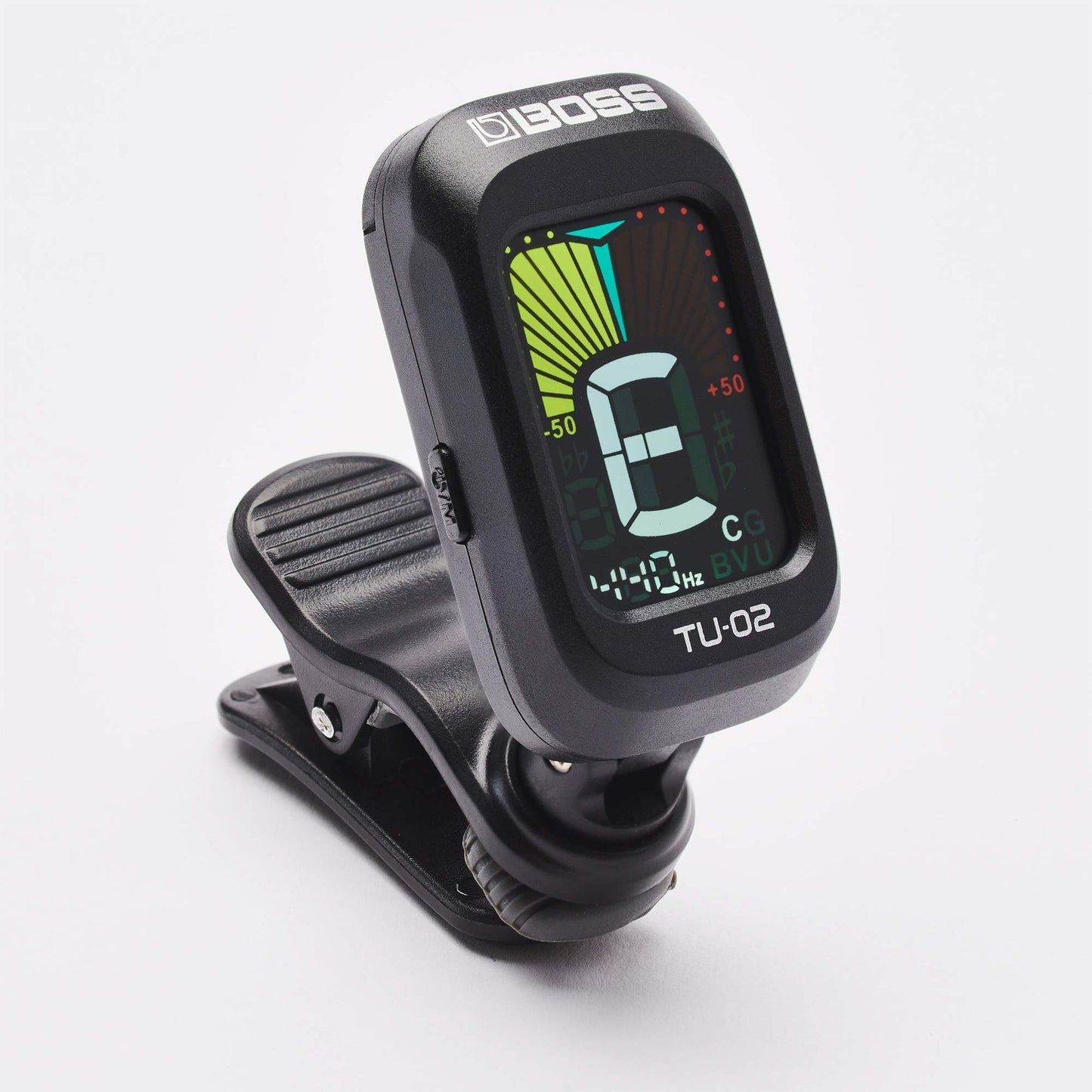 BOSS TU-02 Chromatic Clip-On Tuner for Guitar, Bass & Ukulele – Precise Battery-Powered Tuner with High-Contrast Color Display, Black
