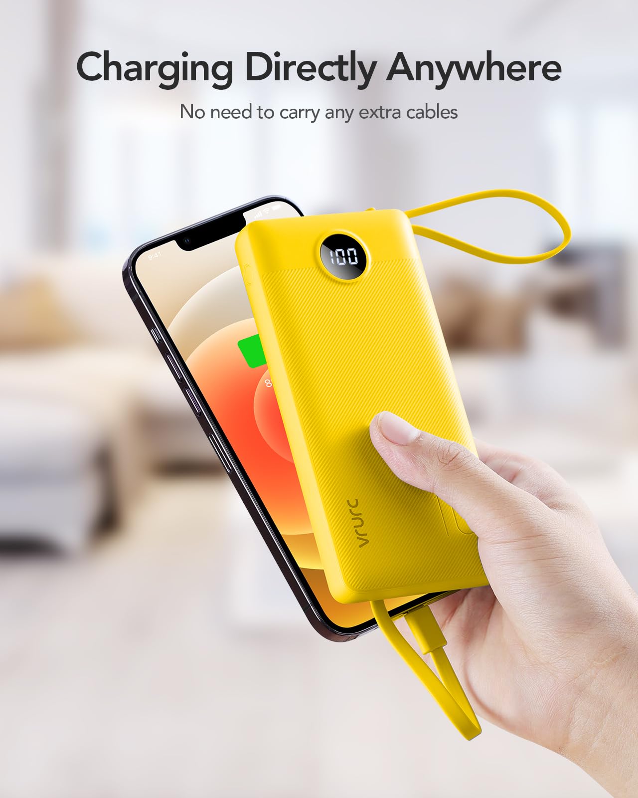 Power Bank With Built in Cables VRURC 10000mAh ,USB C Battery Pack Portable Charger with 5 Outputs 2 Inputs Powerbank LED Display compatible with iPhone 14 13 12 Samsung S21 S20 Xiaomi iPad