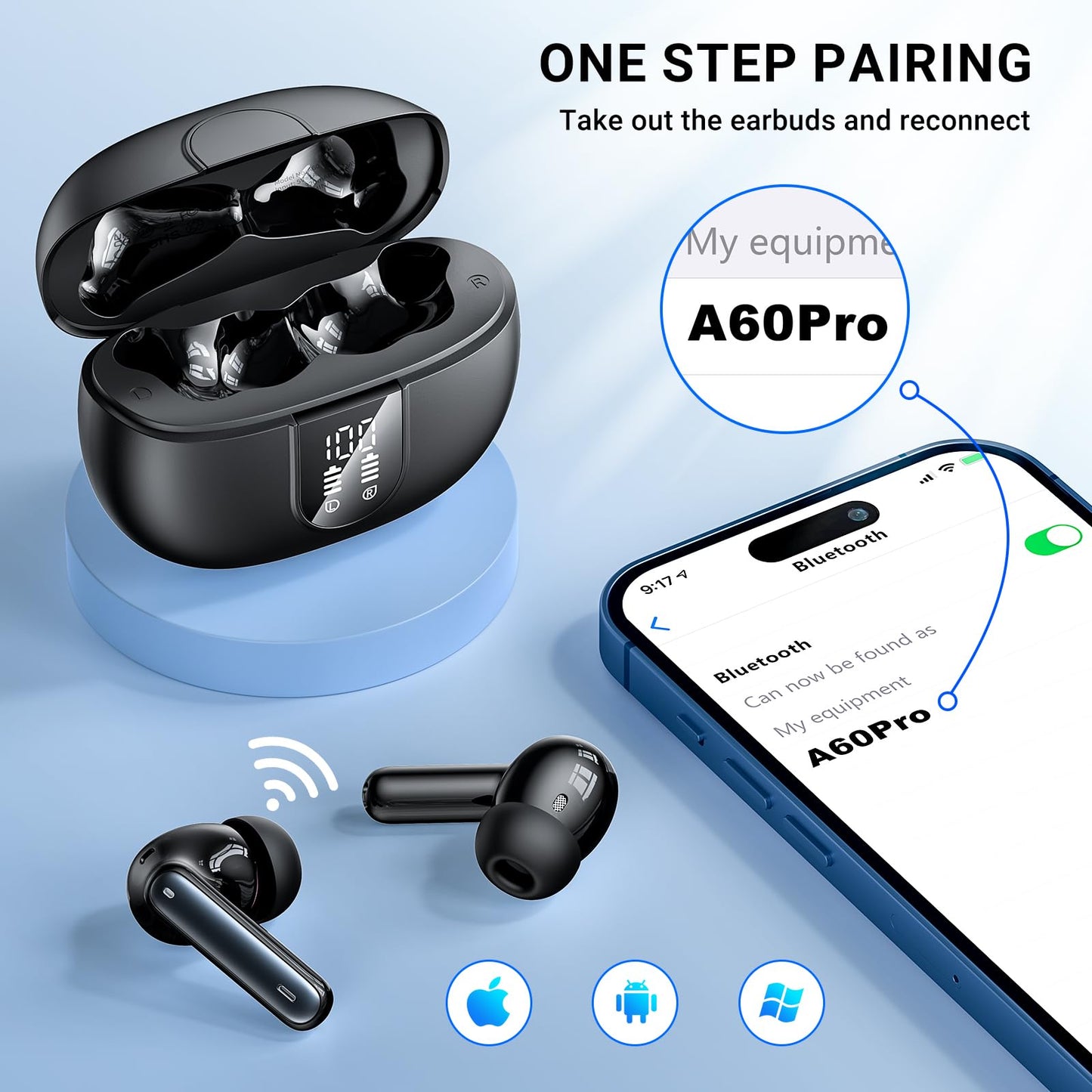 Wireless Earbuds,Earphones Bluetooth 5.3 in Ear with 4 Mic ENC Calls Noise Cancelling Wireless Headphones Mini LED Display HiFi Stereo 42H Playtime Bluetooth Earbuds Touch Control