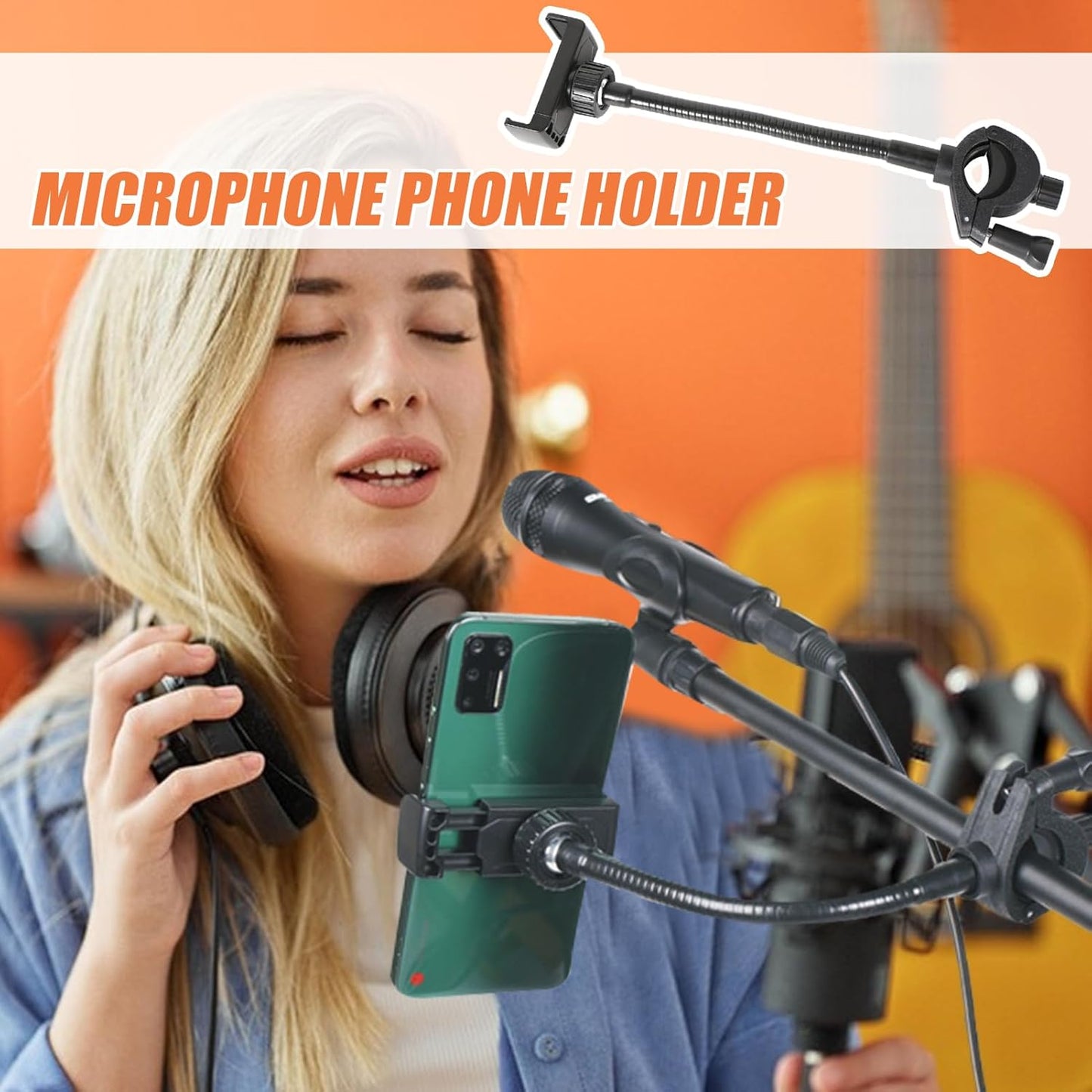 Flexible Phone Holder for Microphone Stand – Adjustable Gooseneck Arm Mount Compatible with Smartphones for Studio, Drum, Music Performances