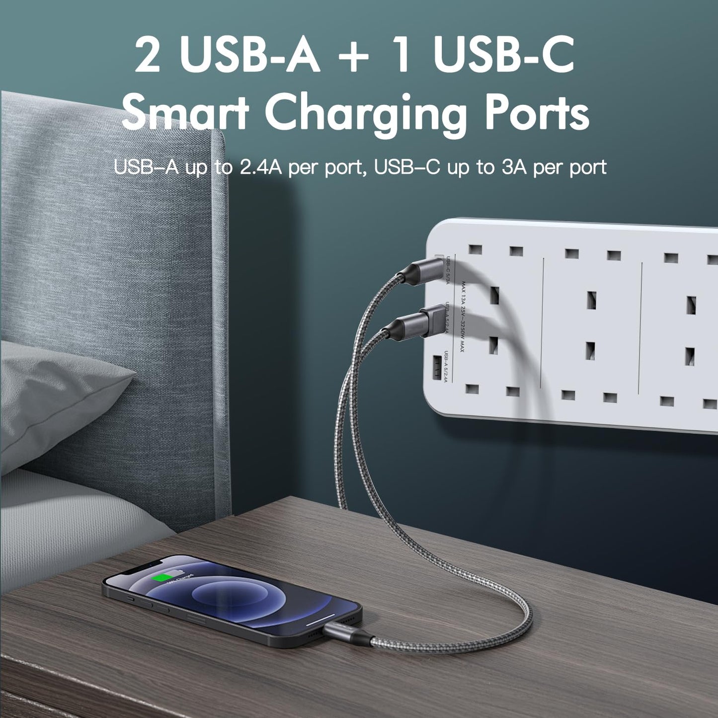 AUNNO Extension Lead with USB Slots, 8 Way Sockets Outlets with 2 USB-A Ports and 1 USB-C Ports, 1.8M Extension Cable with Switch Surge Protected Power Strips, UK Multi Plug Adapter Electrical Cords