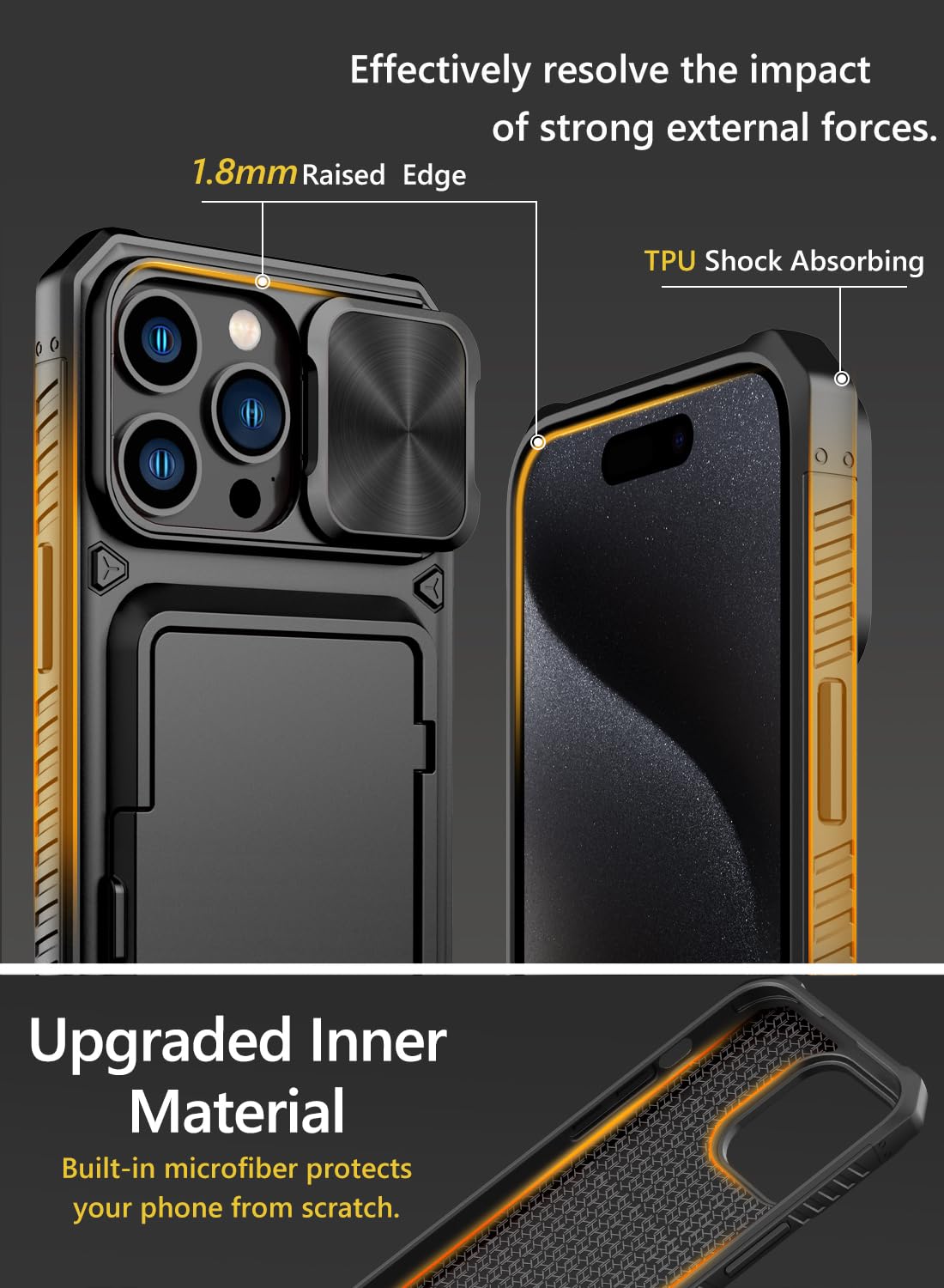 Vihibii for iPhone 15 Pro Max Case with Card Holder & Slide Camera Cover & Kickstand, Military Grade Drop Protection, Rugged Hard Back & Silicone Edge Wallet Phone Case