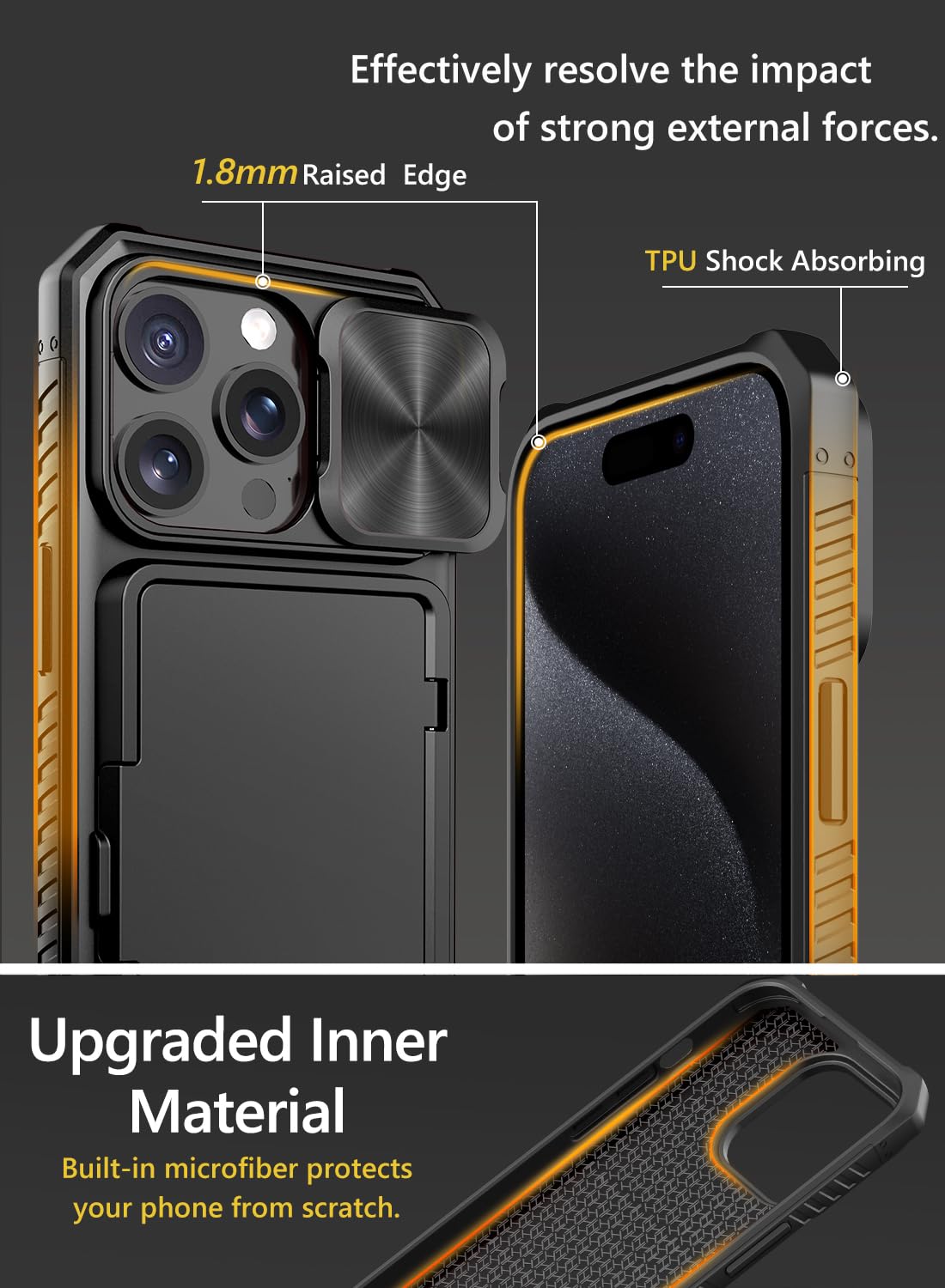 Vihibii for iPhone 15 Pro Max Case with Card Holder & Slide Camera Cover & Kickstand, Military Grade Drop Protection, Rugged Hard Back & Silicone Edge Wallet Phone Case