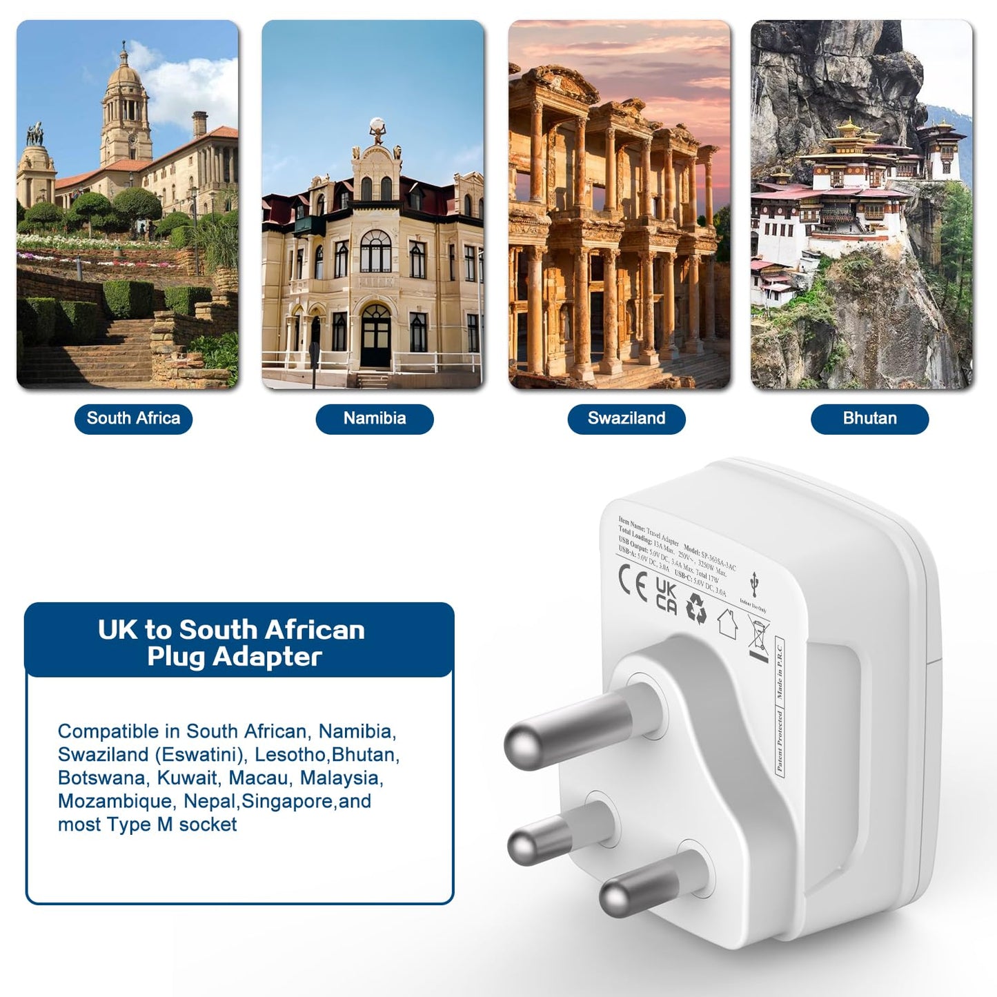 Amoi UK to South Africa Plug Adapter,Grounded Type M South Africa Plug Adapter, with 4 USB Ports 17W USB C Fast Travel Charger, Africa,Namibia, Swaziland, Lesotho, Bhutan,Botswana(Type M)