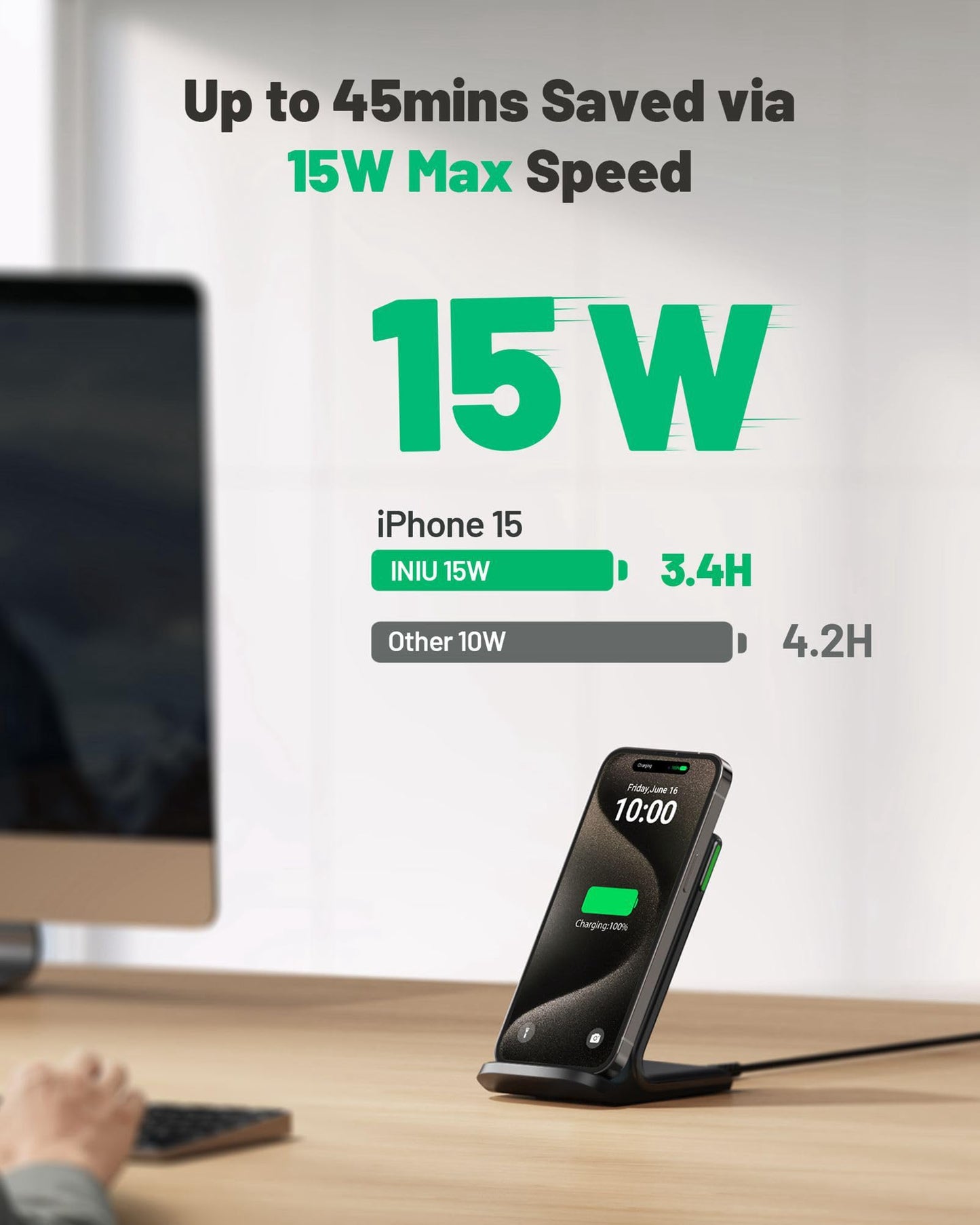 INIU Wireless Charger, 15W Fast Wireless Charging Stand Qi Certified Sleep-friendly Adaptive Light & Dual Charging Modes for iPhone 15 14 13 12 11 Pro Max XR Plus Samsung S23 S22 Google Pixel LG etc