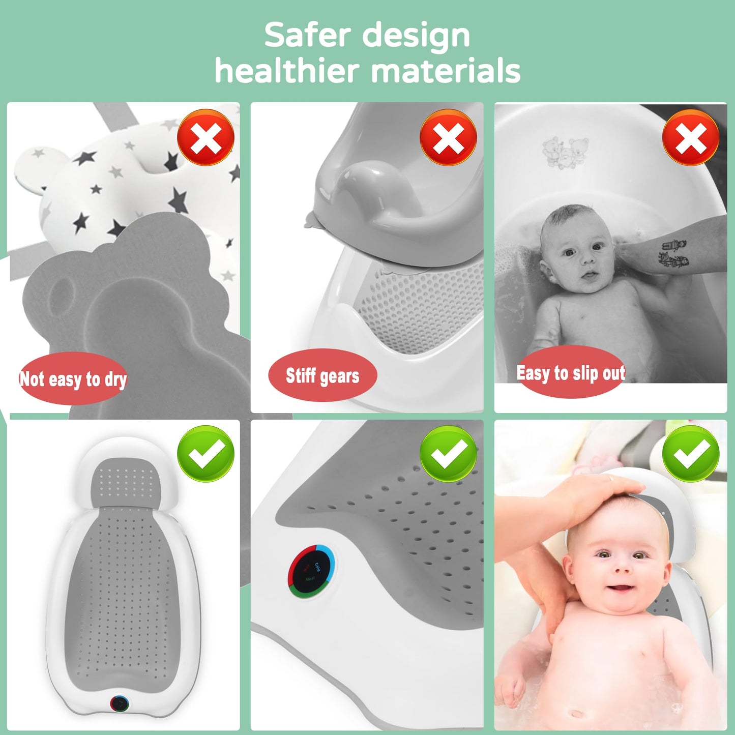 Baby Bath Support Newborn with Thermometer Collapsible , Baby tubs for Newborn Essentials Must Haves-Baby tub (Gray)