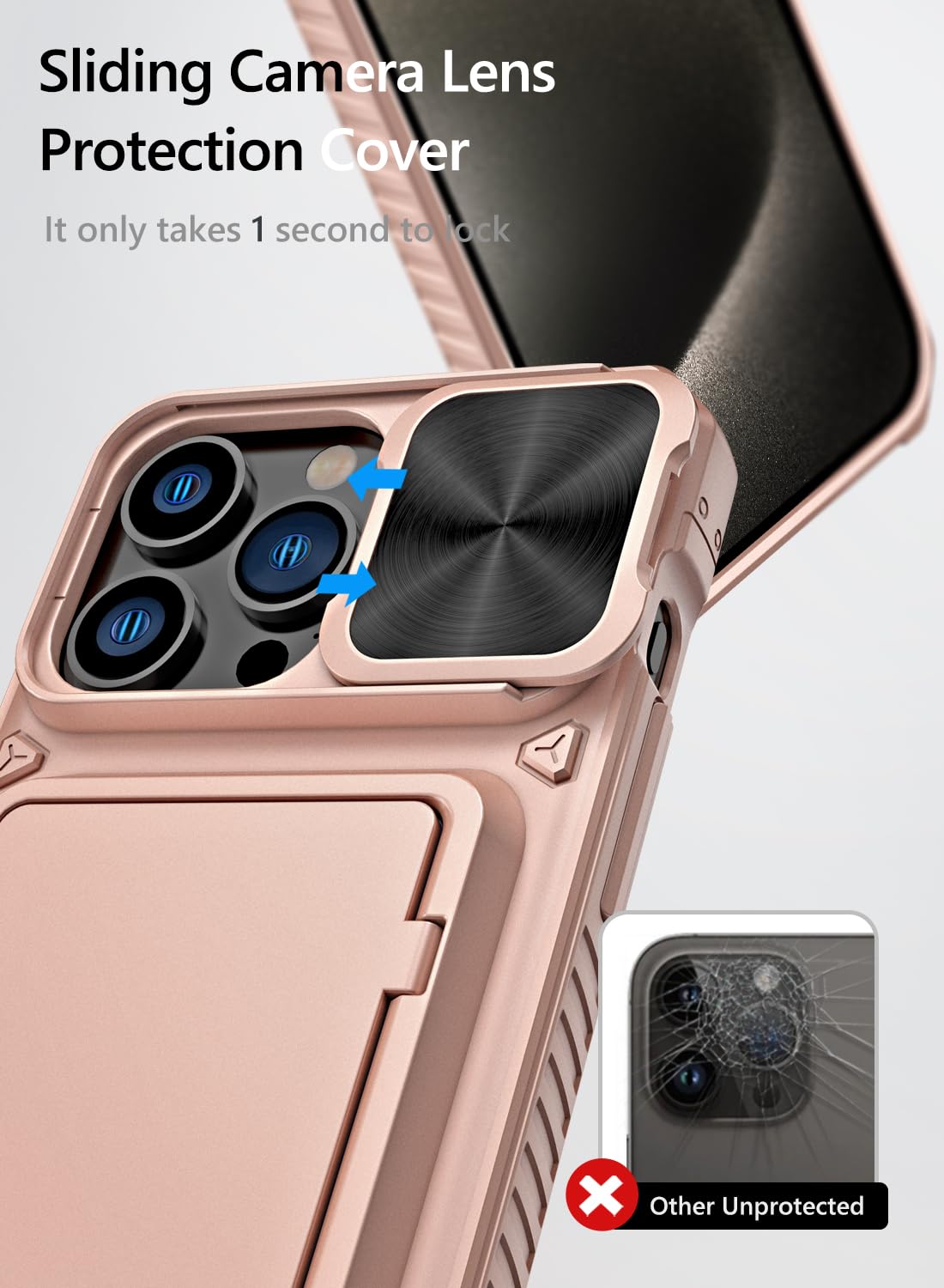 Vihibii for iPhone 15 Pro Max Case with Card Holder & Slide Camera Cover & Kickstand, Military Grade Drop Protection, Rugged Hard Back & Silicone Edge Wallet Phone Case