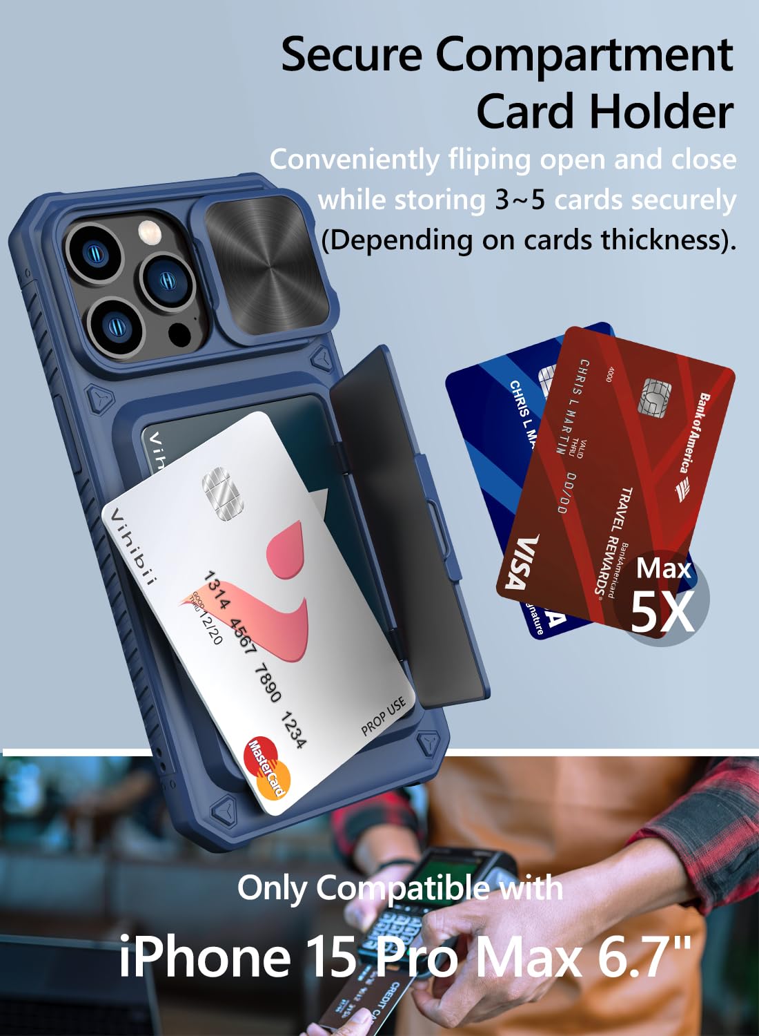Vihibii for iPhone 15 Pro Max Case with Card Holder & Slide Camera Cover & Kickstand, Military Grade Drop Protection, Rugged Hard Back & Silicone Edge Wallet Phone Case
