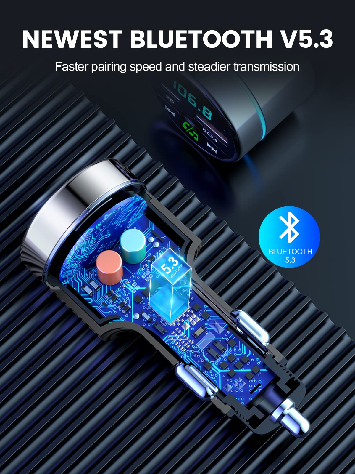 Bluetooth Car Adapter 5.3, Mohard All-Metal PD 30W & QC3.0 18W Fast Car Charger, Wireless FM Radio Car Kit FM Transmitter for Car,Noise Cancelling Hands-Free Call