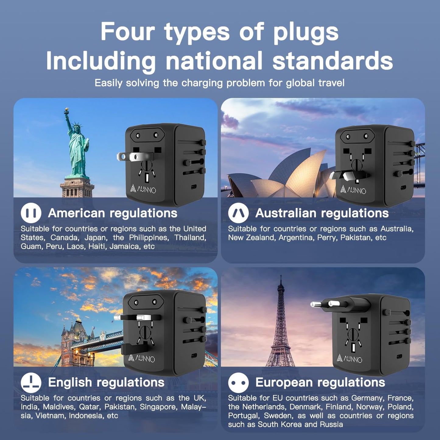 AUNNO Universal Travel Adapter, International Travel Plug with USB Ports, All in One Worldwide Plug Adaptor, UK to European Power Universal Plug Adaptor