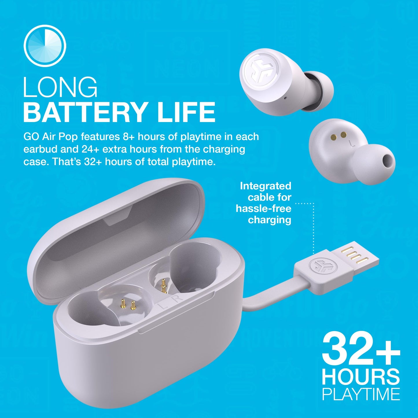 JLab Go Air Pop True Wireless Earbuds, In Ear Headphones, Bluetooth Earphones, Ear Buds with 32H Playtime, Bluetooth Earbuds with Microphone, USB Charging Case, Dual Connect