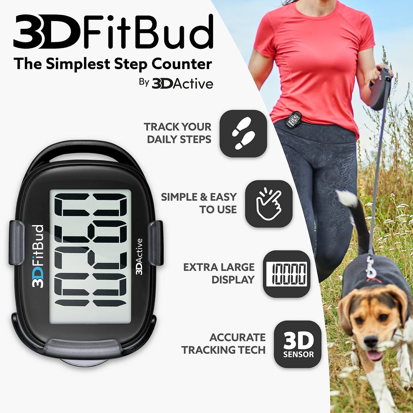 3DFitBud Simple Step Counter Walking 3D Pedometer with Clip and Lanyard, A420S
