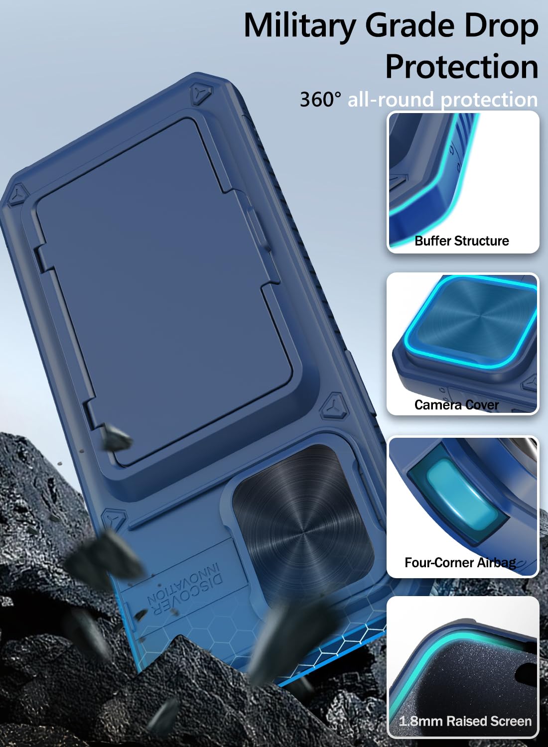 Vihibii for iPhone 15 Pro Max Case with Card Holder & Slide Camera Cover & Kickstand, Military Grade Drop Protection, Rugged Hard Back & Silicone Edge Wallet Phone Case